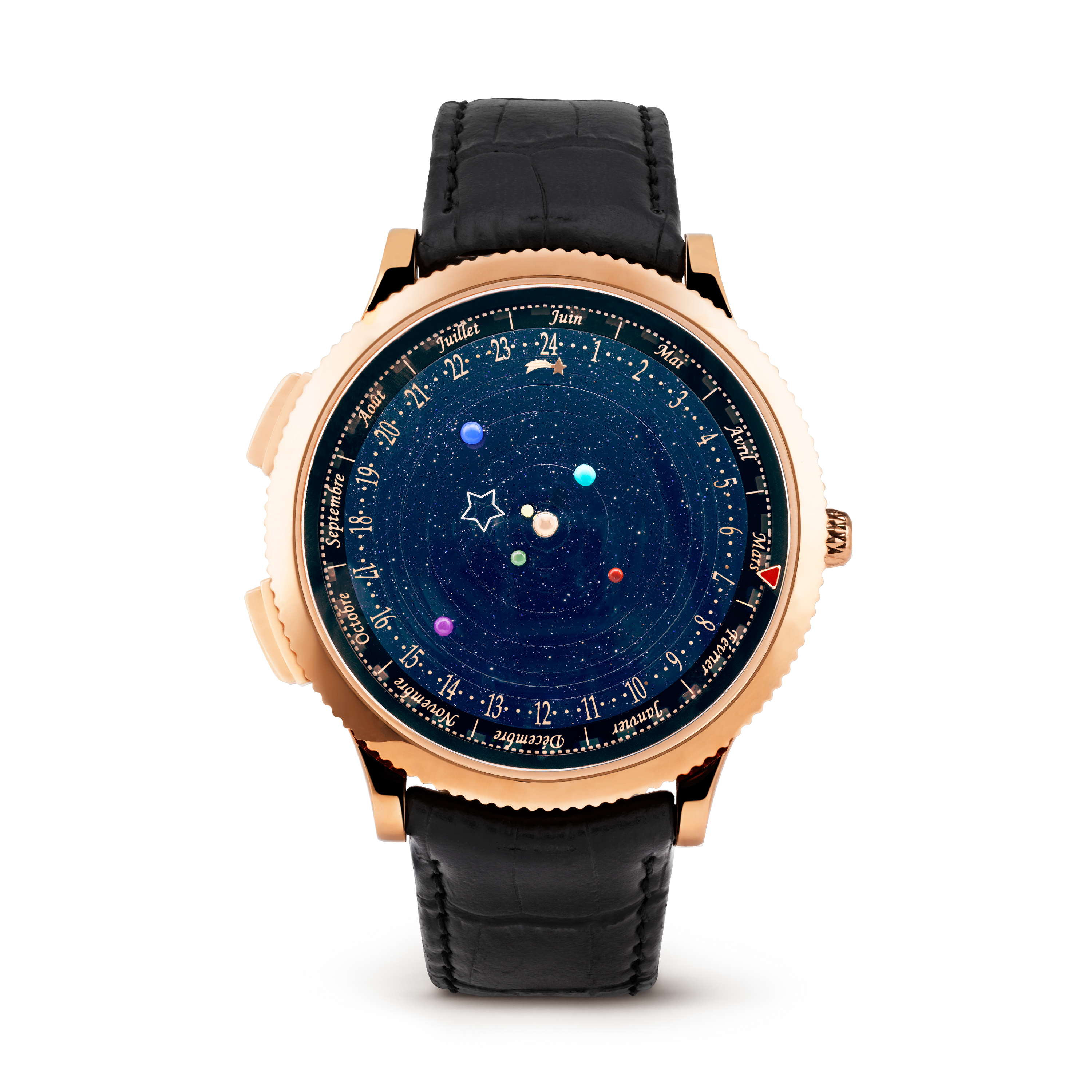 Montre Midnight Planétarium, Or rose 750/1000, Agate:  2 pierres, Aventurine:  9 pierres, Chloromélanite:  2 pierres, Jaspe:  2 pierres, Nacre:  1 pierre, Serpentine:  2 pierres, Sugilite:  2 pierres, Turquoise:  2 pierres, Front, Watch
