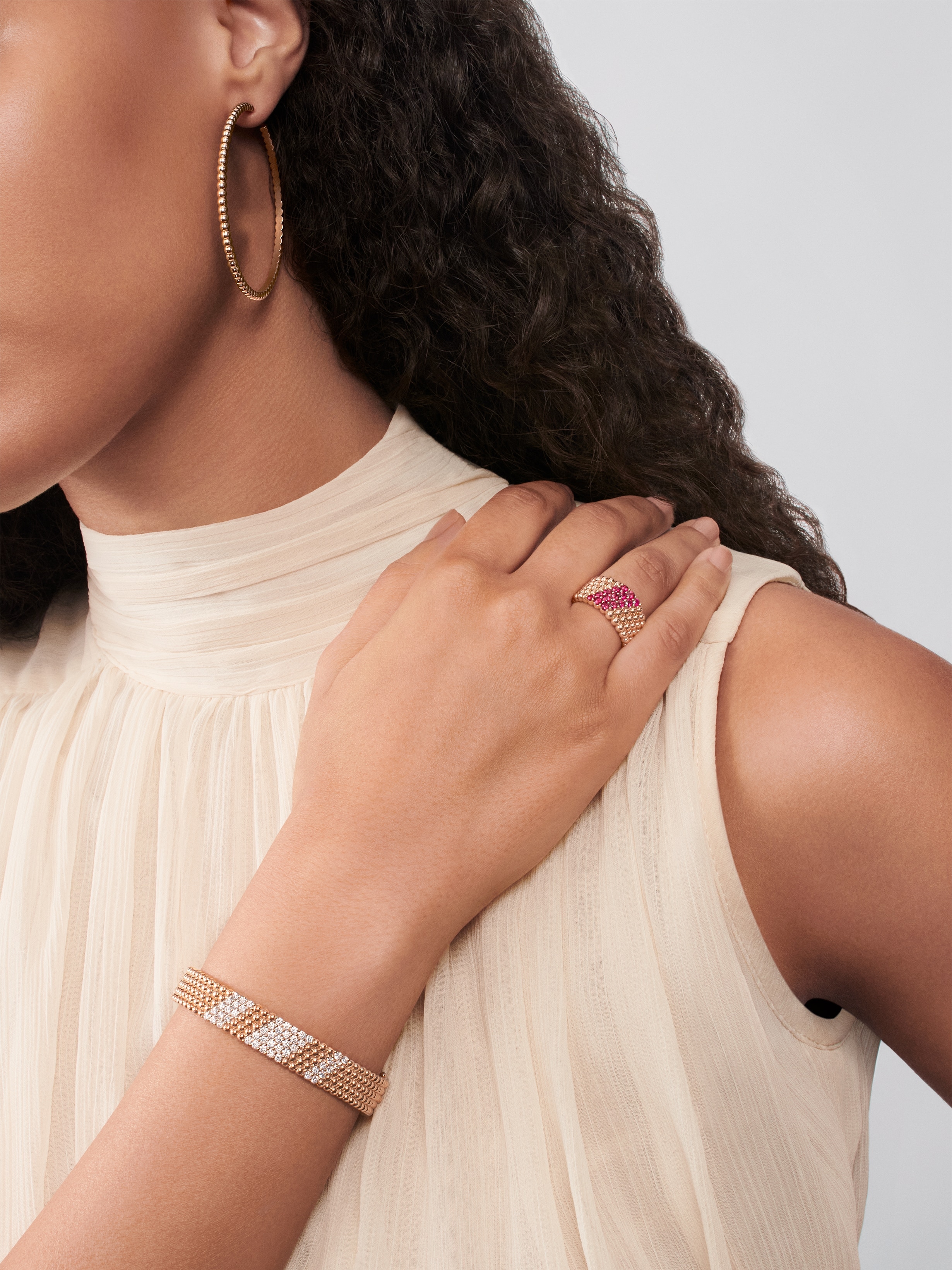 Perlée diamonds bracelet, 5 rows, medium model, 18K rose gold, Diamond:  50 stones,  2.01 carats, Worn Alternative, Jewelry Bracelet - Van Cleef & Arpels