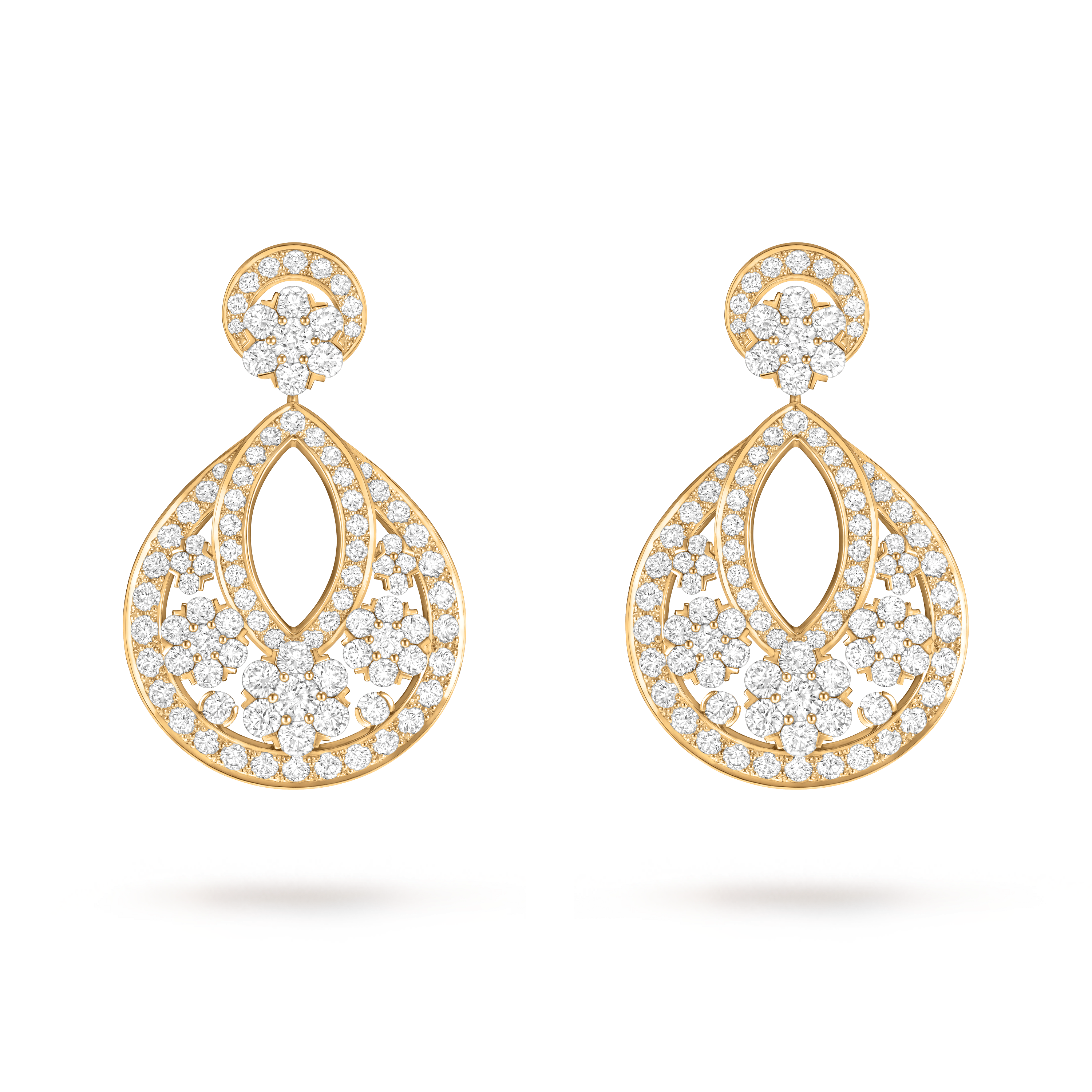 Snowflake earrings, large model, 18K yellow gold, Diamond:  190 stones,  13.28 carats, Front, High Jewelry Earrings - Van Cleef & Arpels
