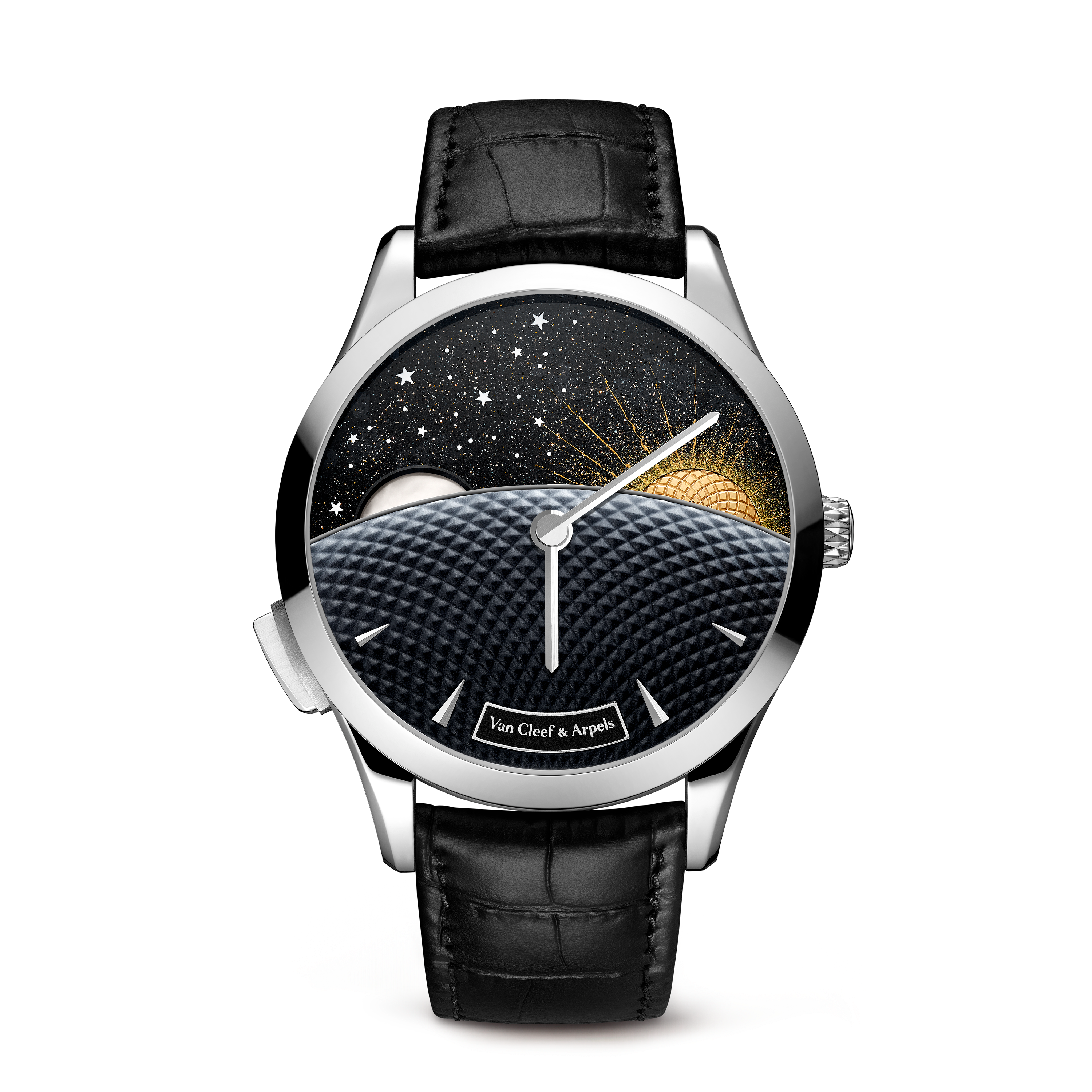 ساعة ميدنايت جور نوي فاز دو لون, ذهب أبيض 18 قيراط, أفنتورين:  2 أحجار, عرق اللؤلؤ:  2 أحجار, Detail, Watch - Van Cleef & Arpels