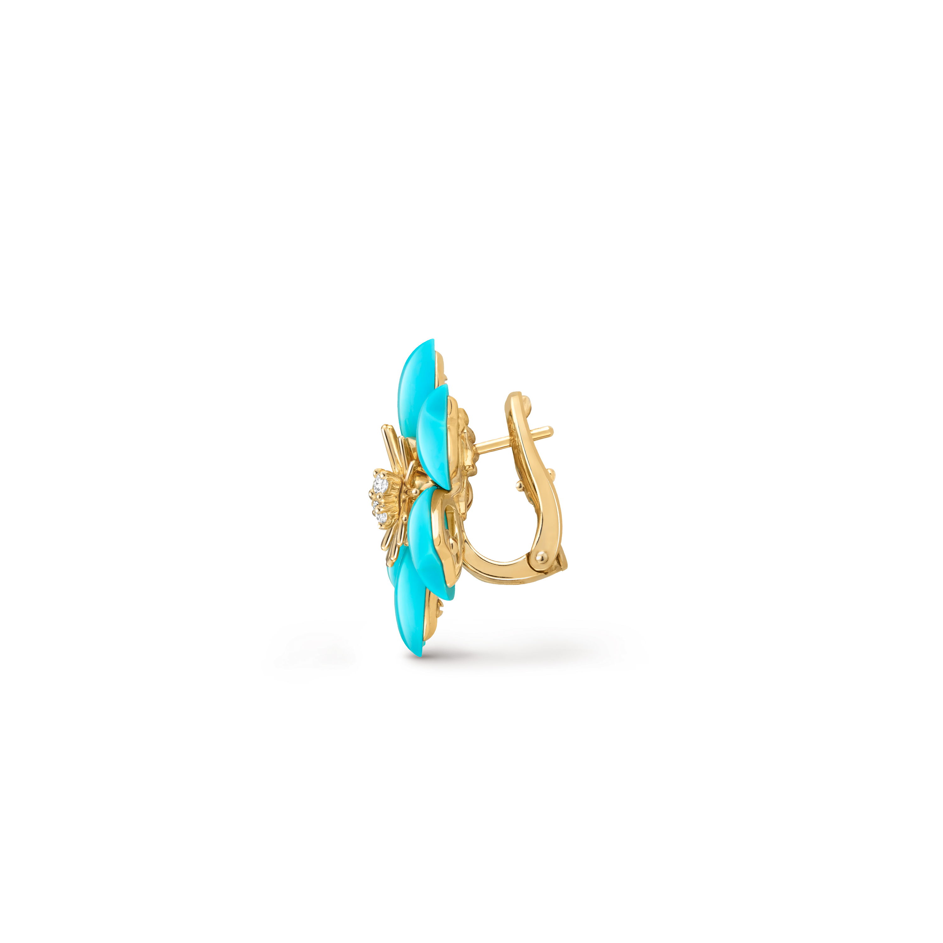 Rose de Noël earrings, mini model, 18K yellow gold, Diamond:  6 stones,  0.21 carat, Turquoise:  12 stones, Profile, Jewelry Earrings - Van Cleef & Arpels