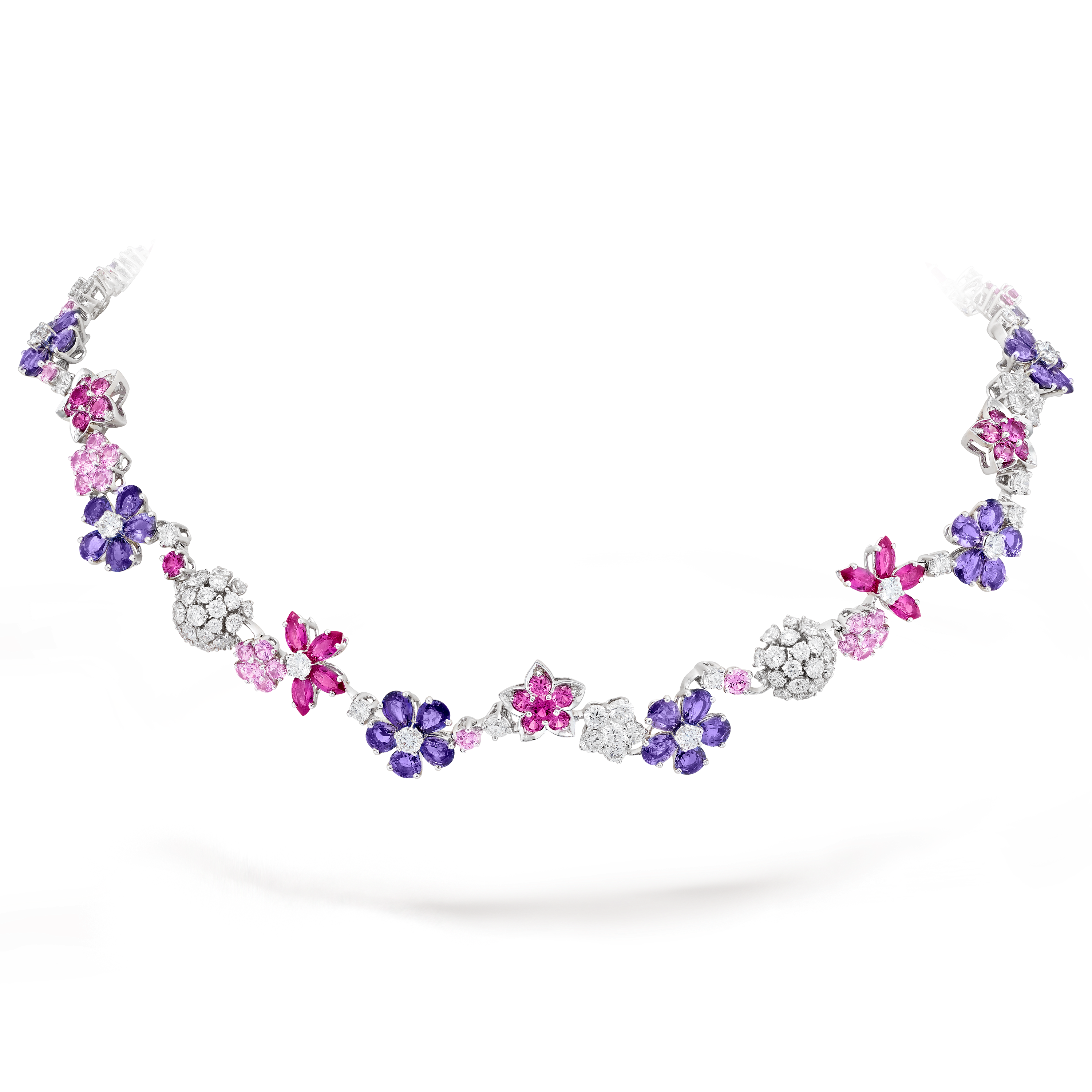 Folie des Prés necklace, 18K white gold, Diamond:  103 stones,  6.89 carats, Sapphire:  127 stones,  23.64 carats, On Stand, High Jewelry Necklace - Van Cleef & Arpels