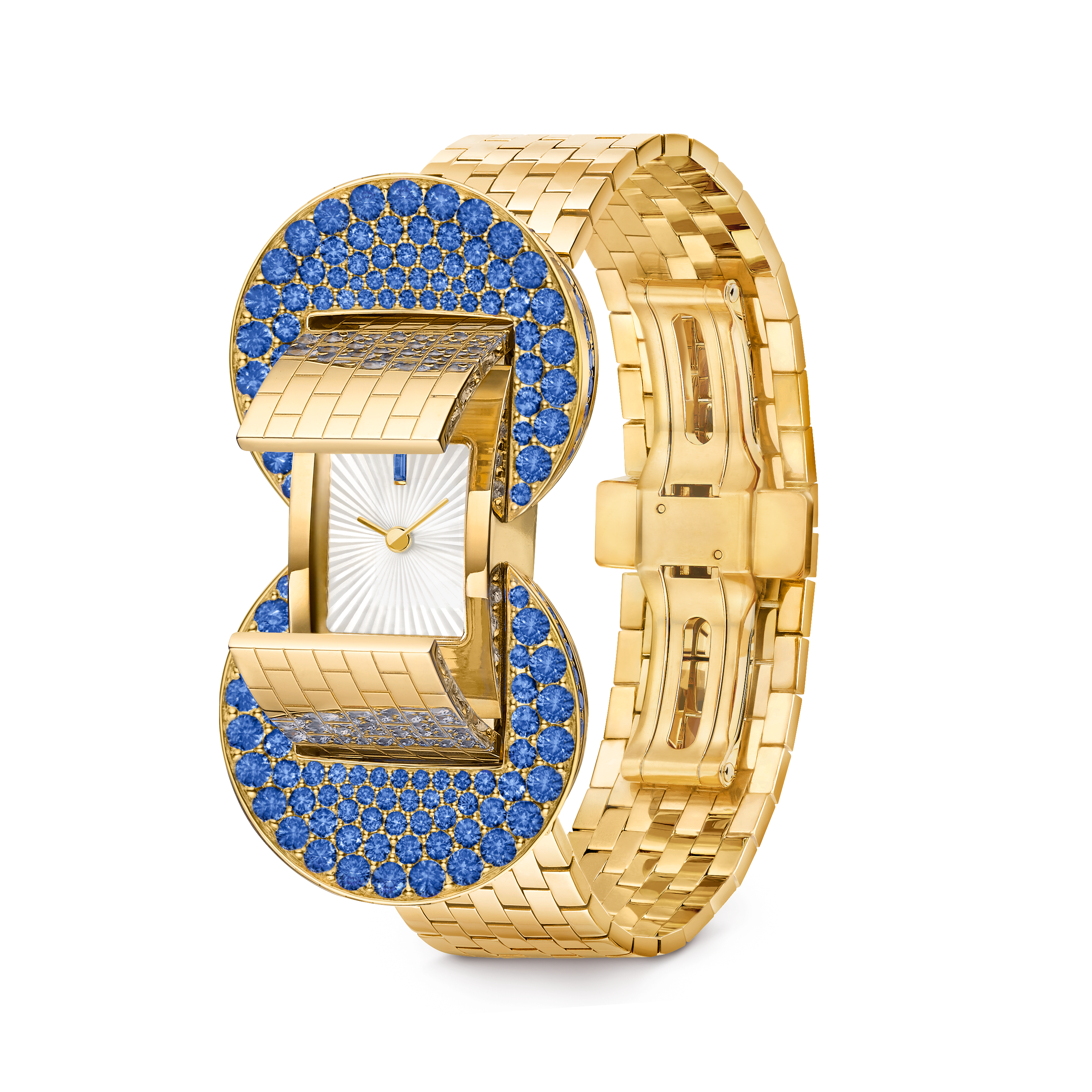 Ludo Secret watch, 18K yellow gold, Mother-of-pearl:  1 stone, Sapphire:  185 stones,  6.28 carats, Three Fourth, Watch - Van Cleef & Arpels