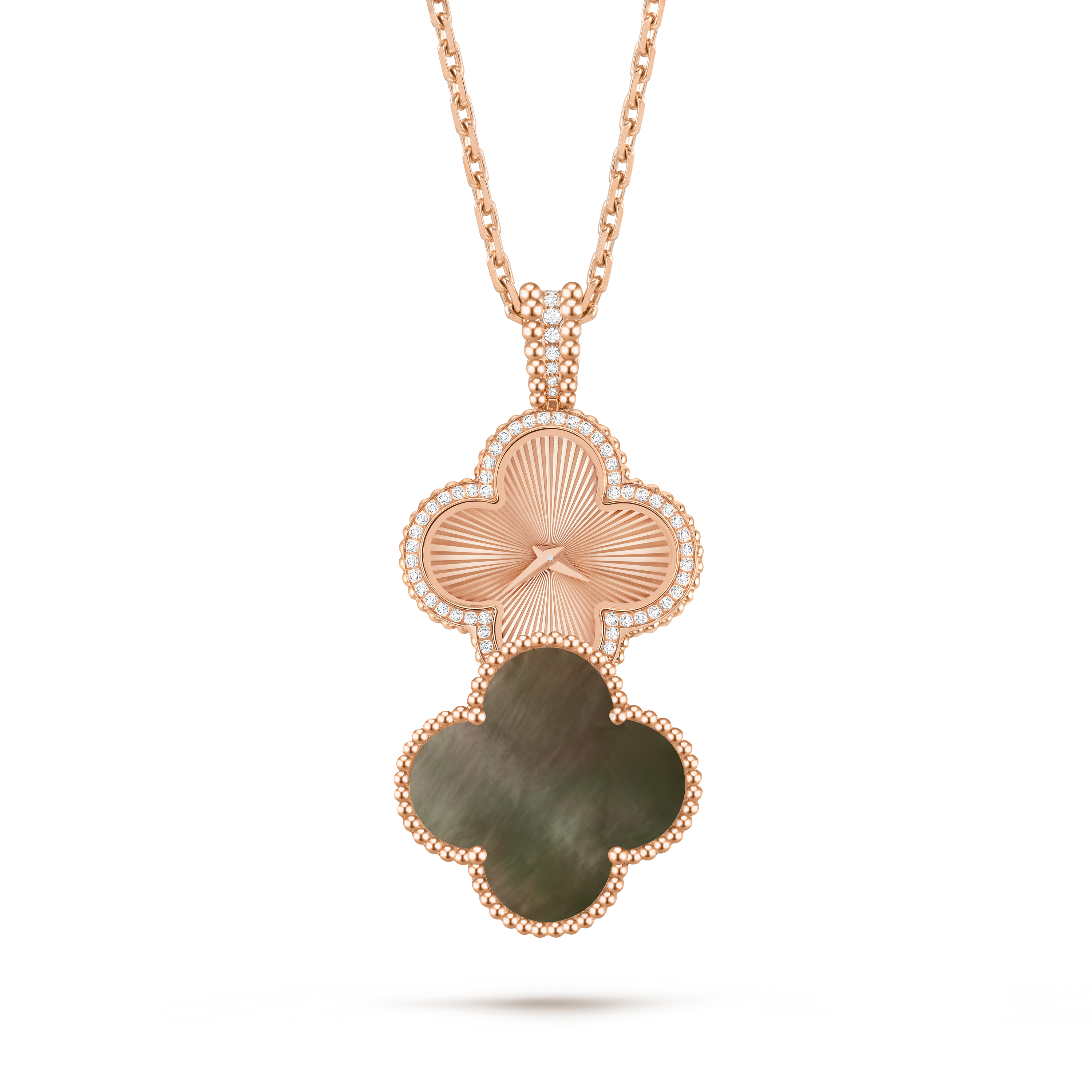 Alhambra secret pendant watch, 18K rose gold, Diamond:  71 stones,  0.55 carat, Mother-of-pearl:  1 stone, Open, Watch - Van Cleef & Arpels