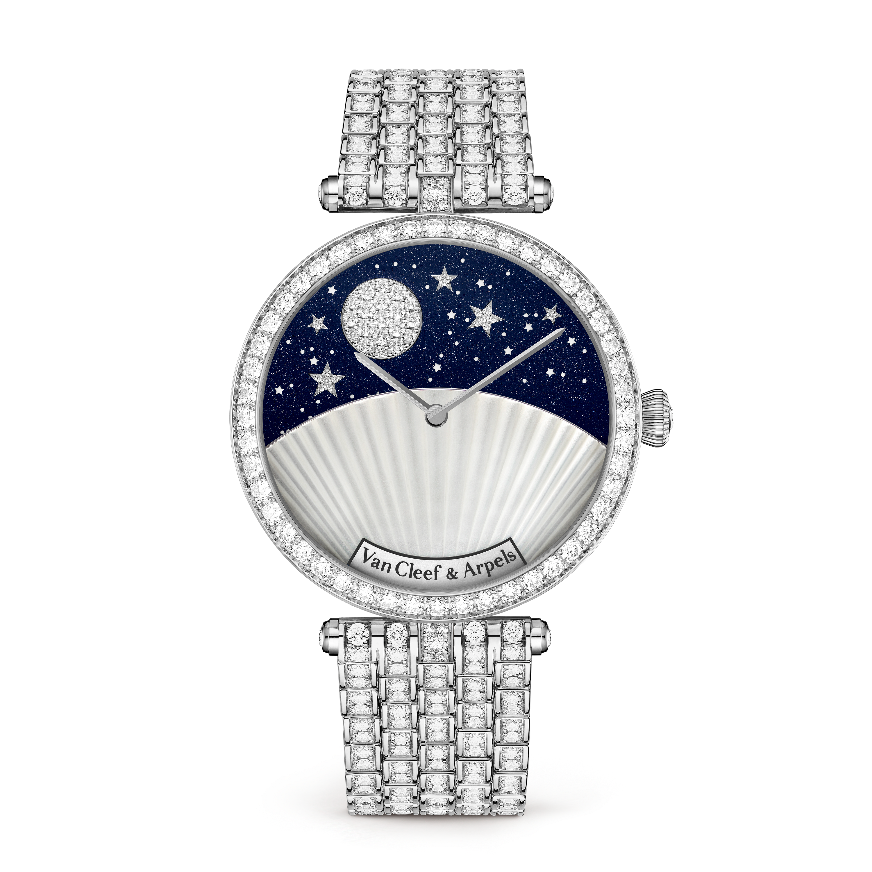 Montre Lady Arpels Jour Nuit, Or blanc 750/1000, Or jaune 750/1000, Aventurine:  1 pierre, Diamant:  640 pierres,  14.57 carats, Nacre:  1 pierre, Saphir:  43 pierres,  0.36 carat, Front, Watch