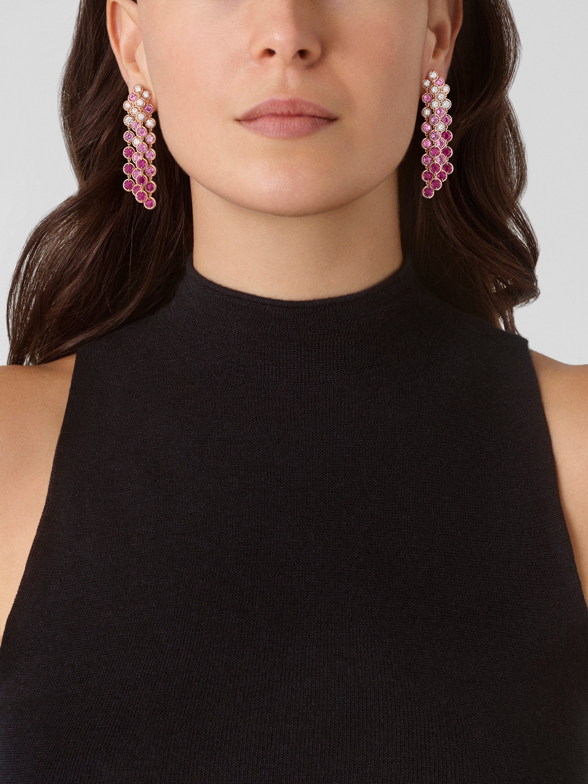 Palmyre 4 rows earrings, 18K rose gold, Diamond:  16 stones,  2.41 carats, Sapphire:  40 stones,  12.1 carats, Worn Alternative, High Jewelry Earrings - Van Cleef & Arpels