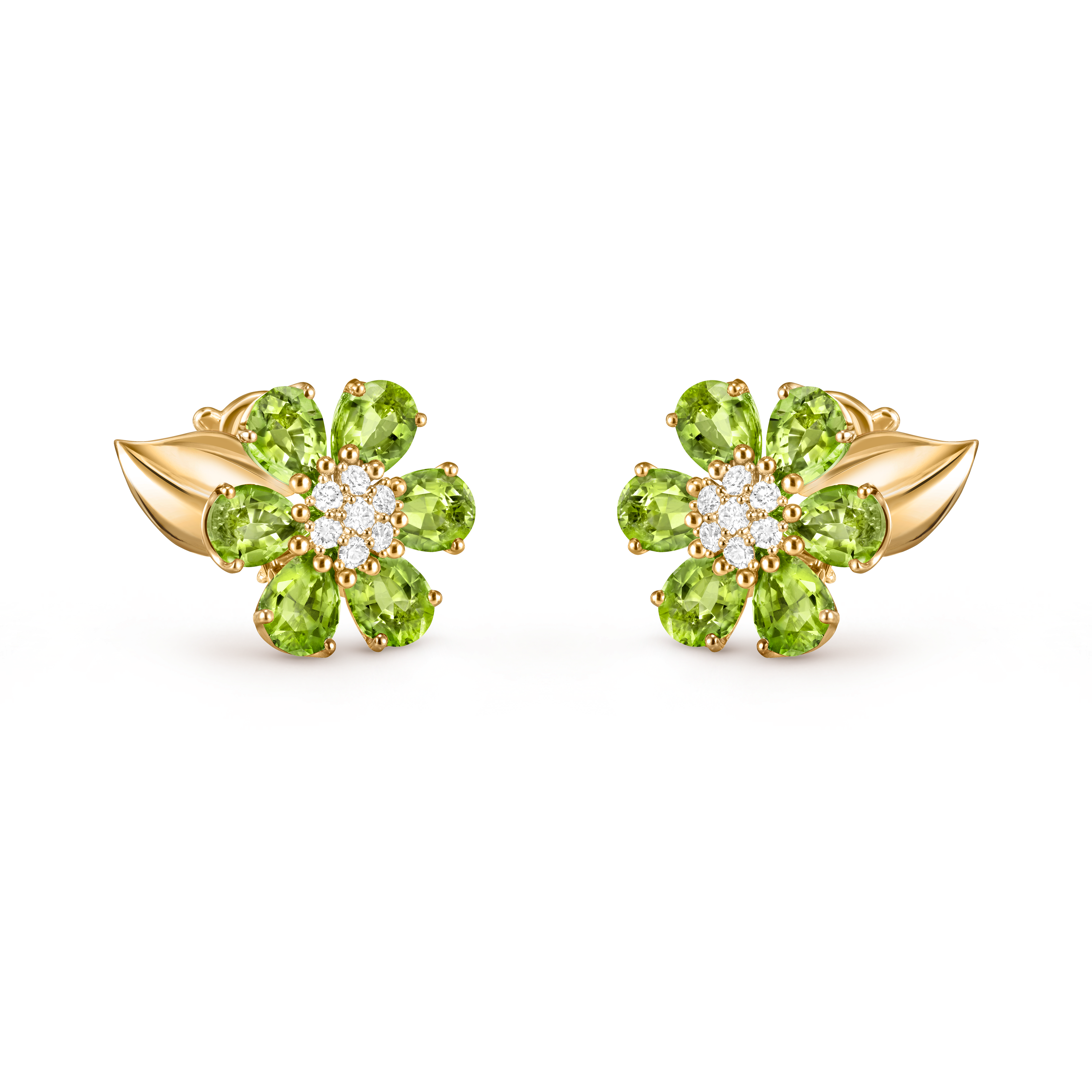 Fleurs d’Hawaï earrings, 18K yellow gold, Diamond:  14 stones,  0.39 carat, Peridot:  12 stones,  9.24 carats, Three Fourth, Jewelry Earrings - Van Cleef & Arpels
