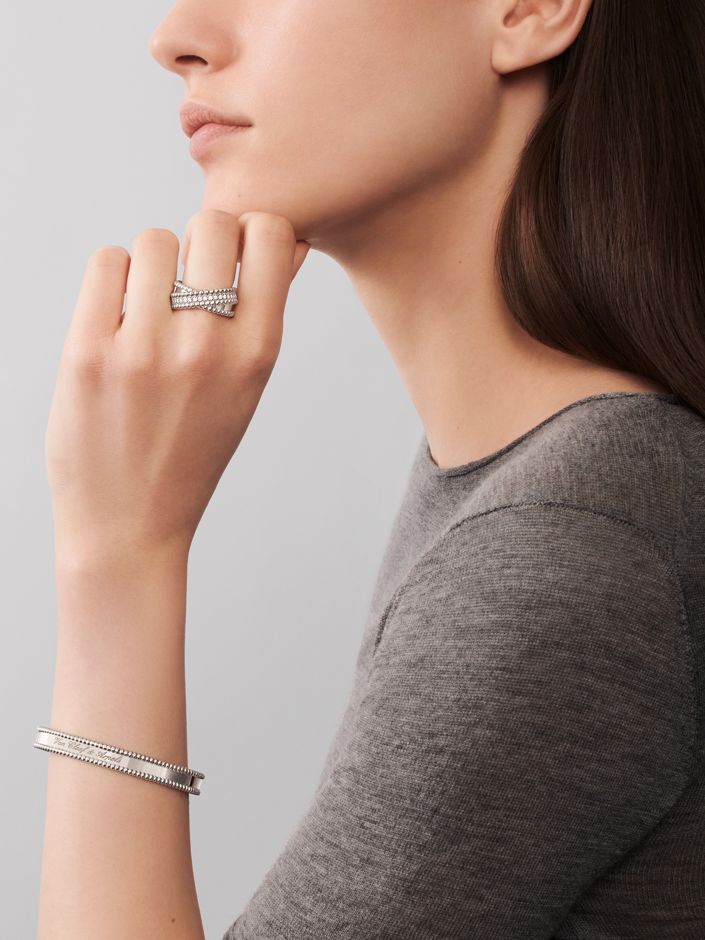 Perlée signature bracelet, extra small model, 18K white gold, Worn Alternative, Jewelry Bracelet - Van Cleef & Arpels
