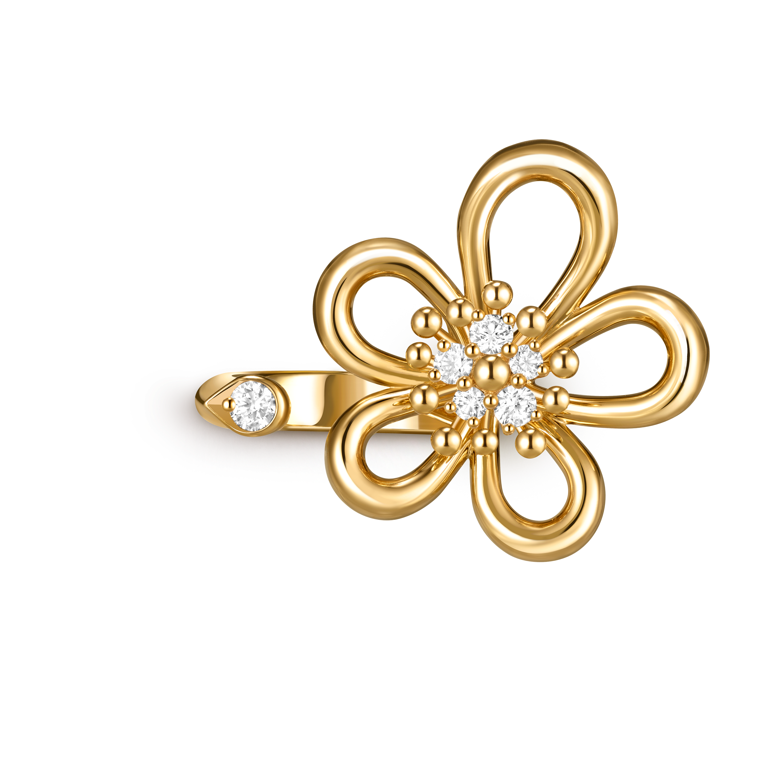 Flowerlace Between the Finger ring, 18K yellow gold, Diamond:  6 stones,  0.35 carat, Top, Jewelry Ring - Van Cleef & Arpels