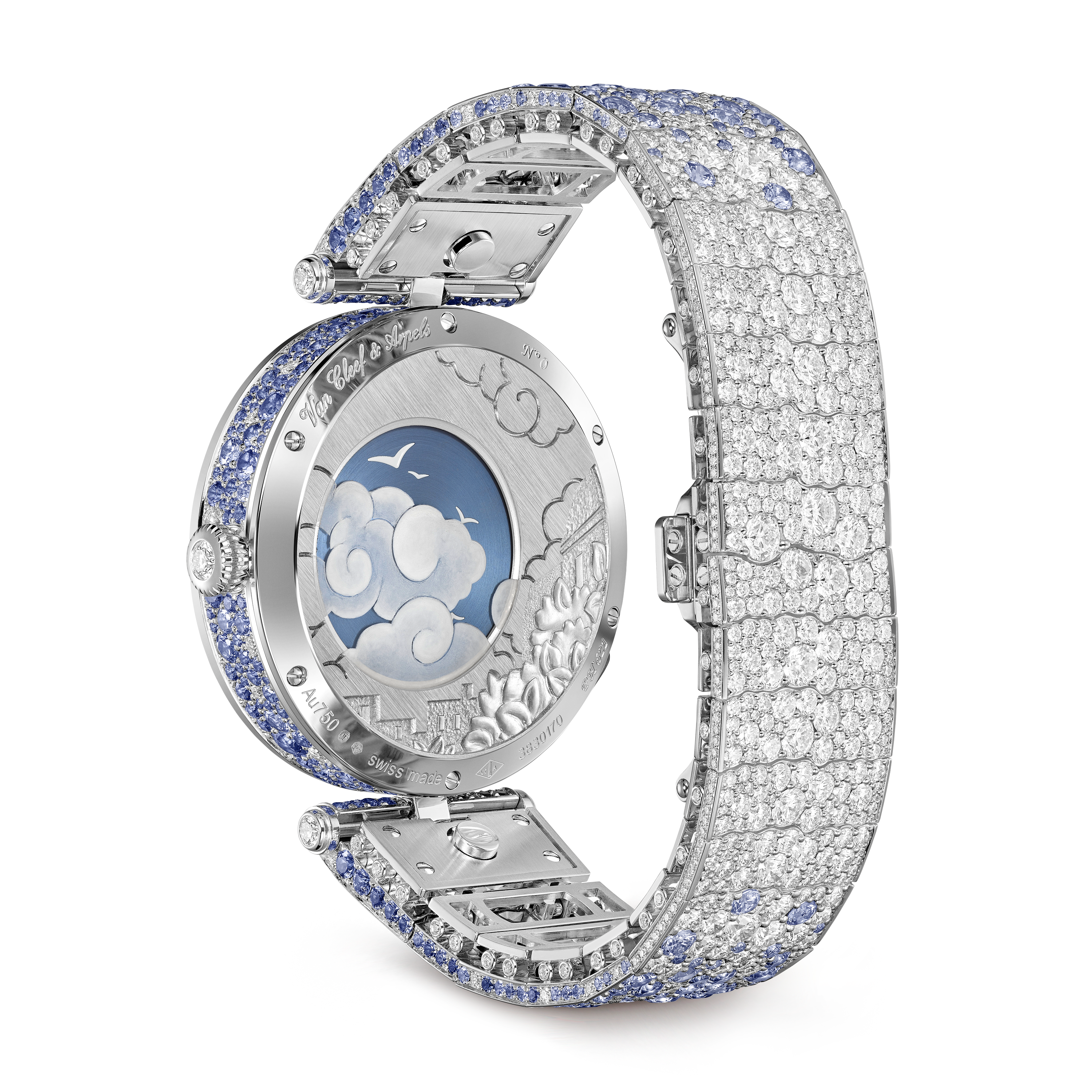 Lady Arpels Pont des Amoureux Matinée watch, 18K white gold, 18K rose gold, 18K yellow gold, Diamond:  903 stones,  11.78 carats, Sapphire:  639 stones,  19.22 carats, Profile, Watch - Van Cleef & Arpels