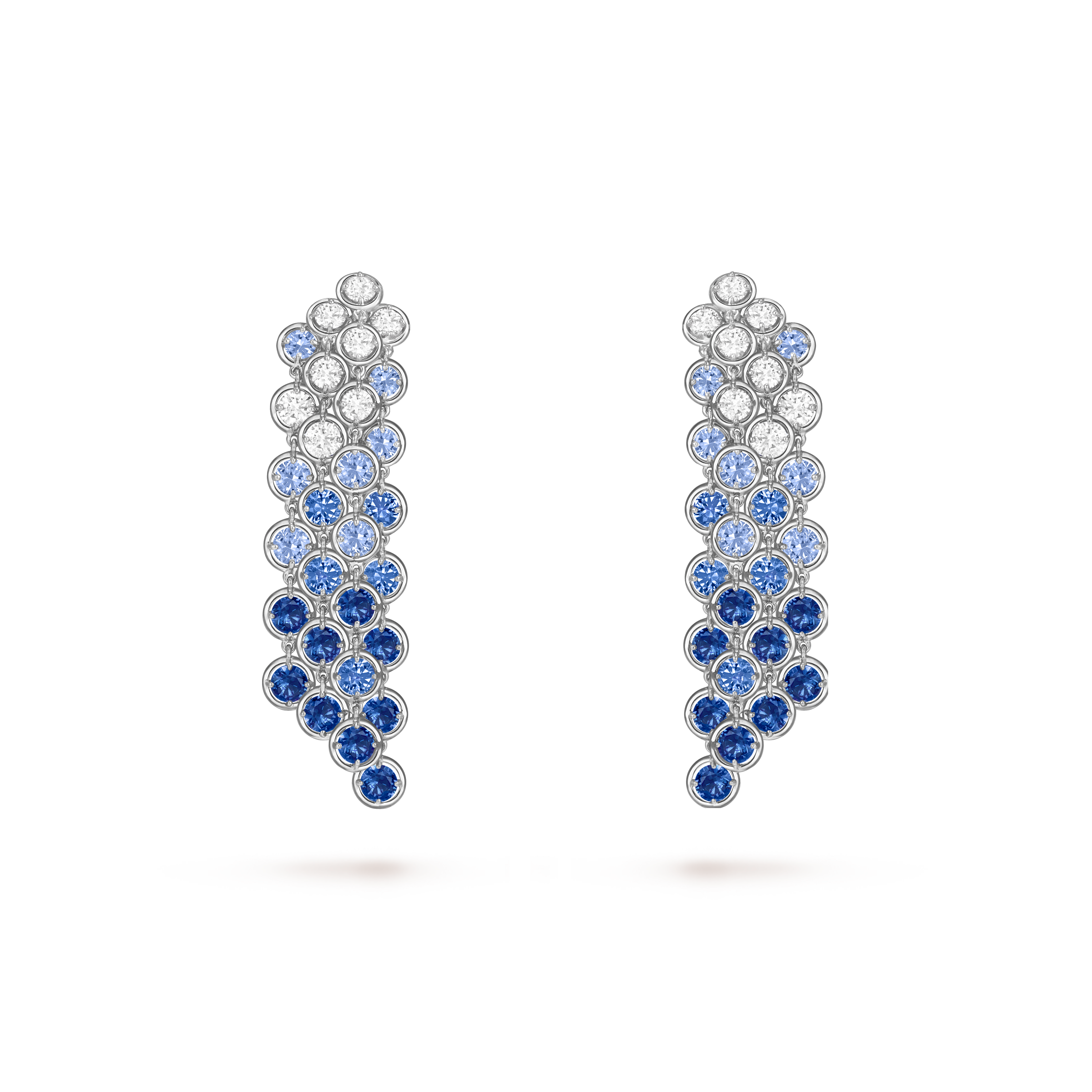 Palmyre 4 rows earrings, 18K white gold, Diamond:  16 stones,  2.41 carats, Sapphire:  42 stones,  11.13 carats, Front, High Jewelry Earrings - Van Cleef & Arpels