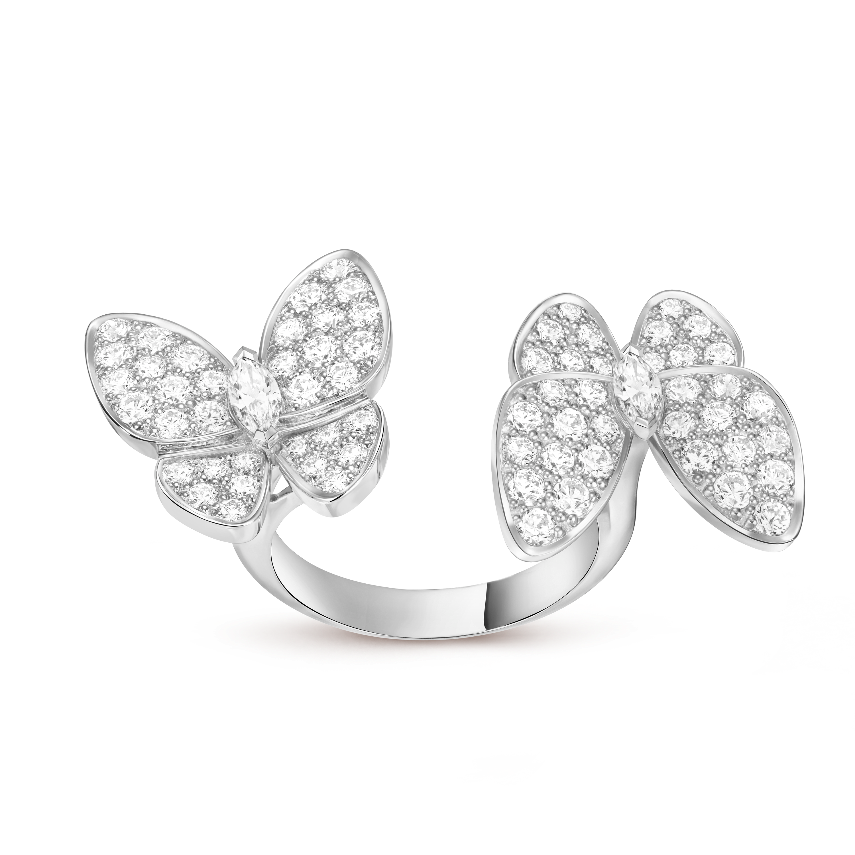 Two Butterfly Between the Finger ring, 18K white gold, Diamond:  70 stones,  1.67 carats, Front, Jewelry Ring - Van Cleef & Arpels