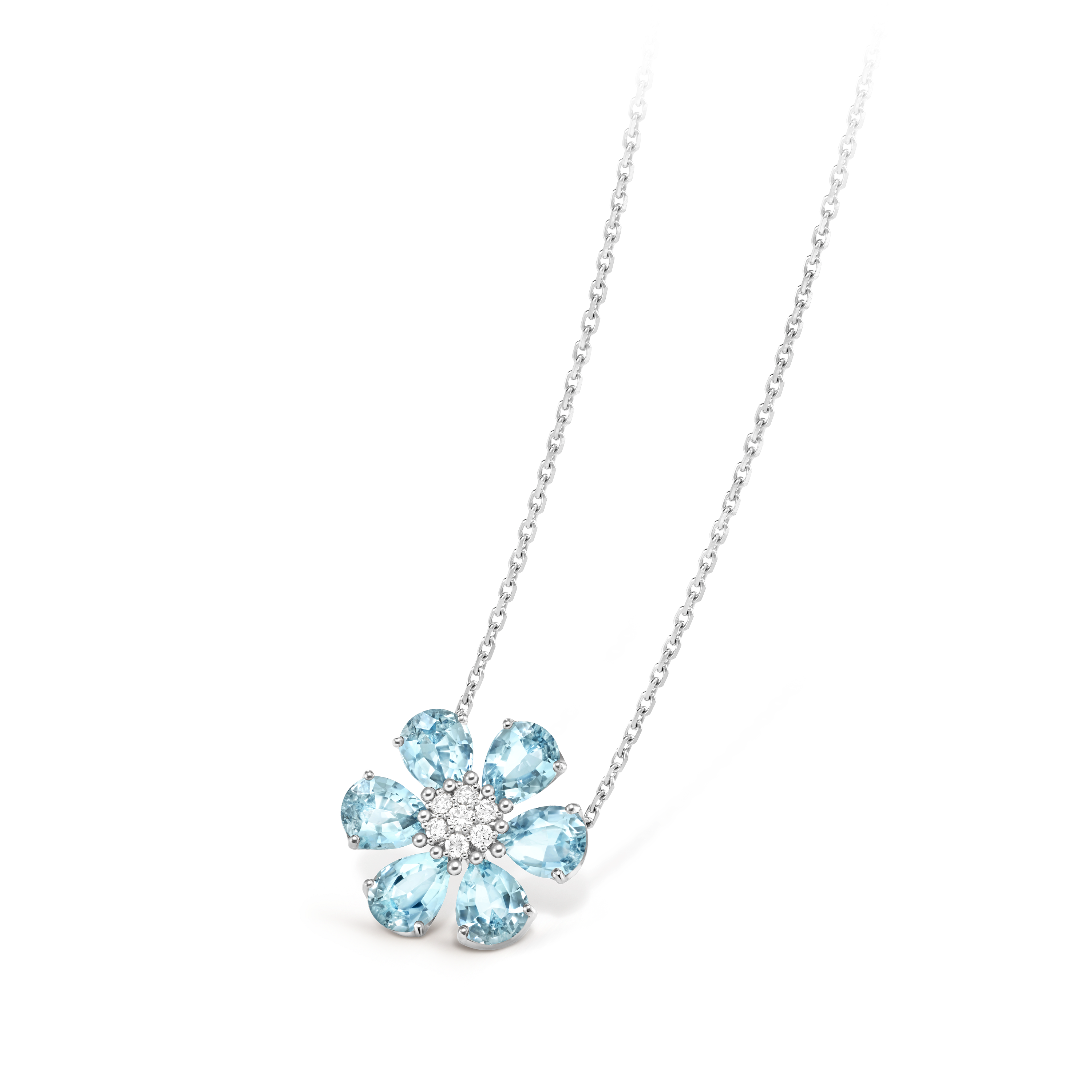Fleurs d’Hawaï pendant, 18K white gold, Aquamarine:  6 stones,  6.18 carats, Diamond:  7 stones,  0.19 carat, Back, Jewelry Pendent - Van Cleef & Arpels