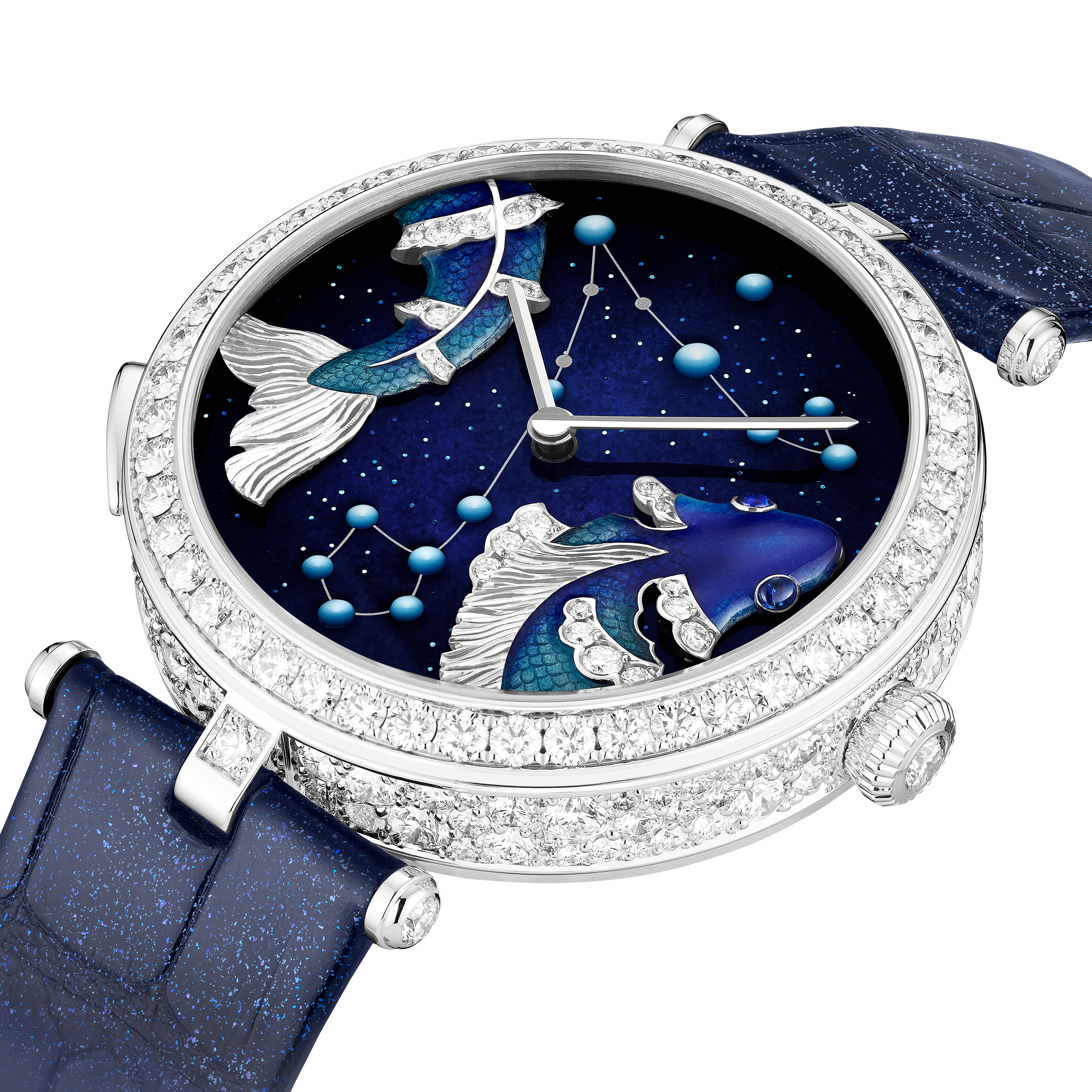 Lady Arpels Zodiaque Lumineux Piscium (Pisces) watch, 18K white gold, Diamond:  296 stones,  6.68 carats, Sapphire:  2 stones,  0.09 carat, Three Fourth, Watch - Van Cleef & Arpels
