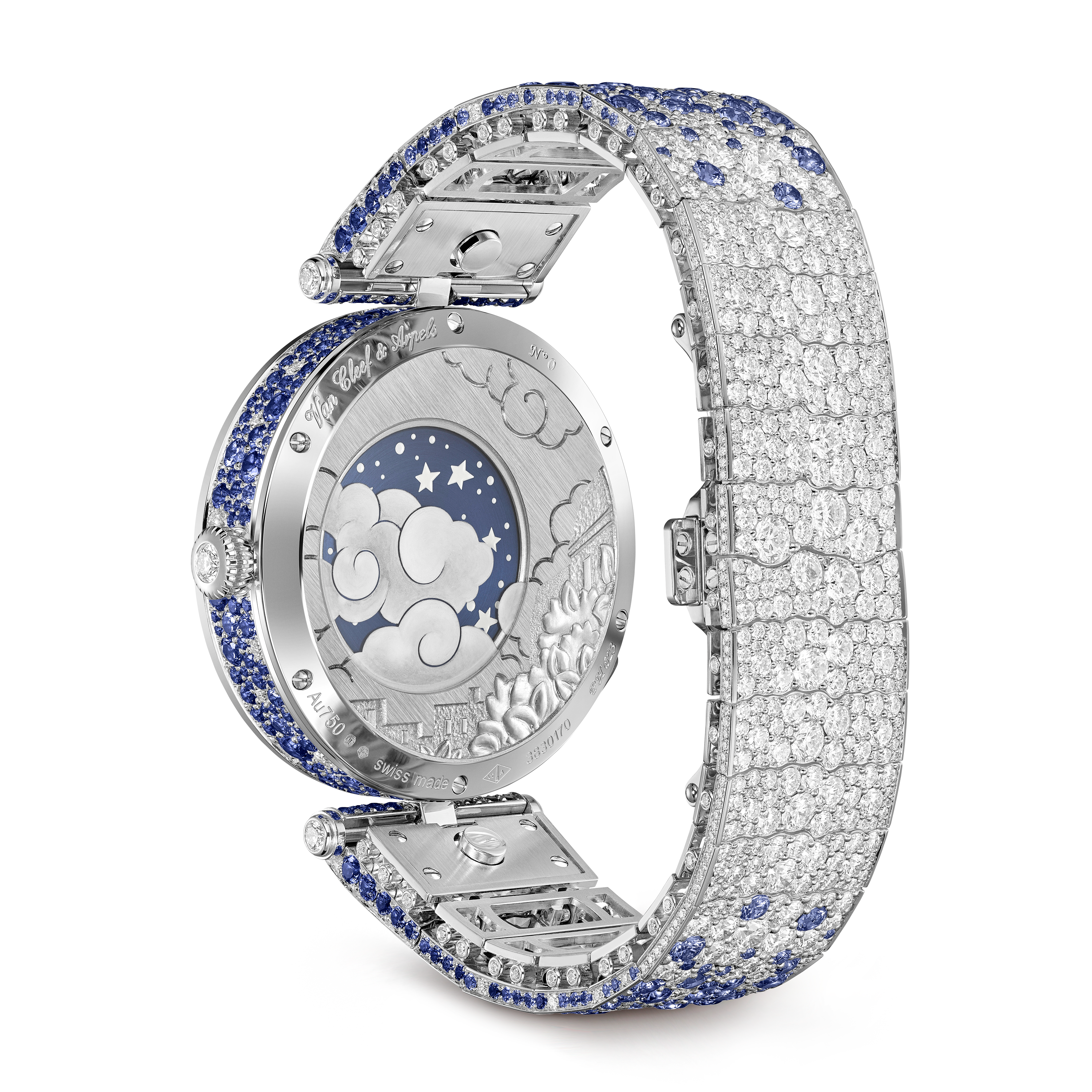 Lady Arpels Pont des Amoureux Clair de lune watch, 18K white gold, 18K rose gold, 18K yellow gold, Diamond:  903 stones,  11.78 carats, Sapphire:  639 stones,  18.68 carats, Profile, Watch - Van Cleef & Arpels