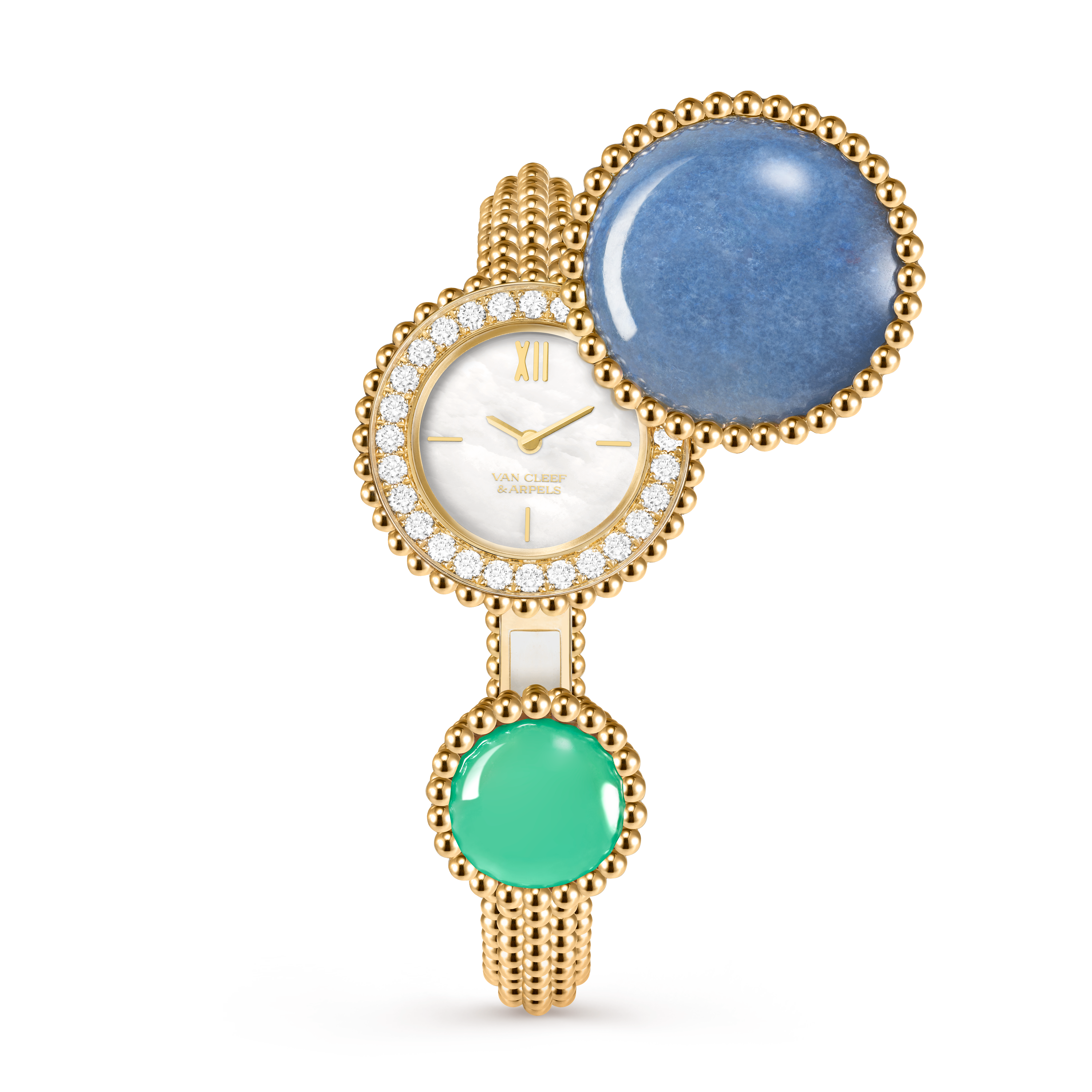 Perlée Toi & Moi secret watch, small model, 18K yellow gold, Chrysoprase:  1 stone, Diamond:  25 stones,  0.77 carat, Mother-of-pearl:  1 stone, Quartz:  1 stone, Front, Watch - Van Cleef & Arpels