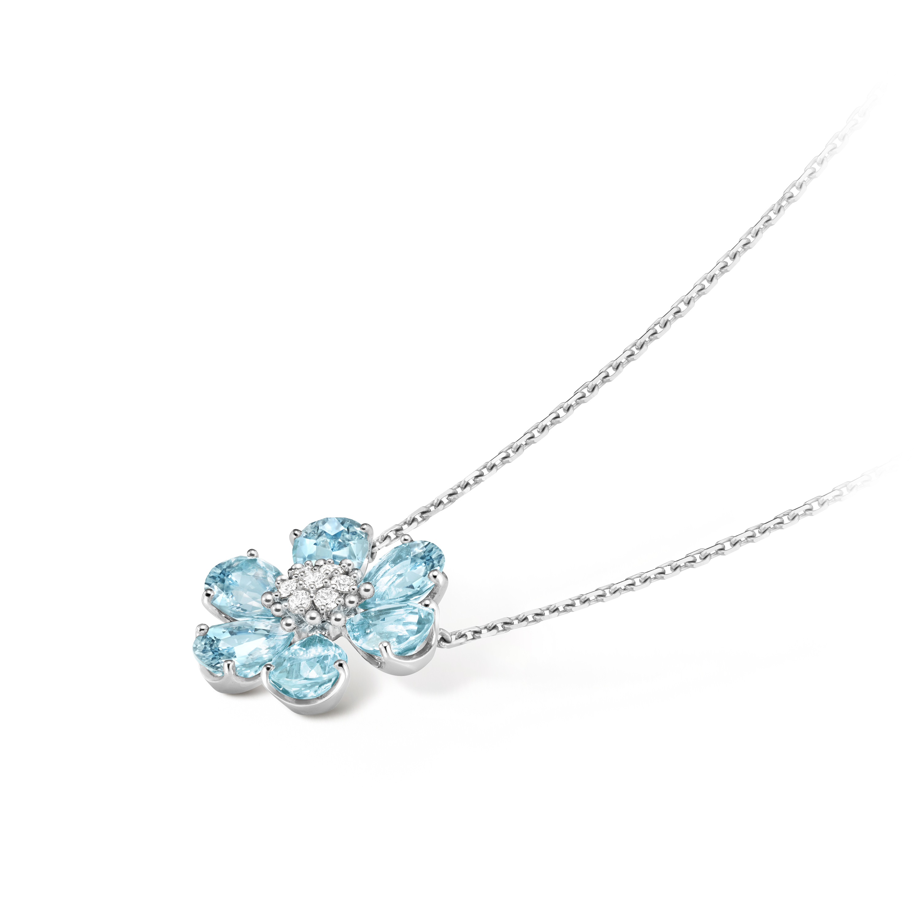 Fleurs d’Hawaï pendant, 18K white gold, Aquamarine:  6 stones,  6.18 carats, Diamond:  7 stones,  0.19 carat, Three Fourth, Jewelry Pendent - Van Cleef & Arpels