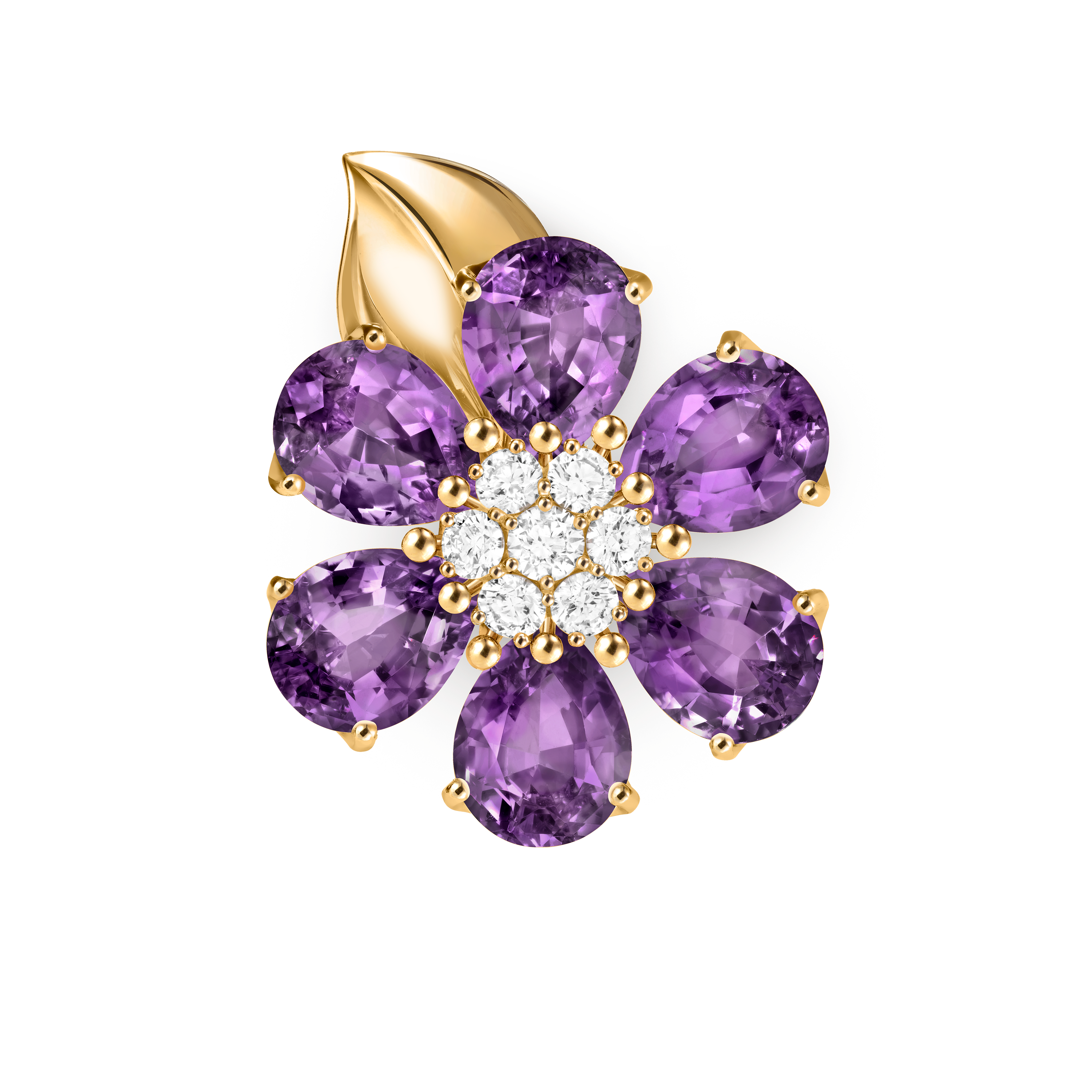Fleurs d’Hawaï ring, 18K yellow gold, Amethyst:  6 stones,  8.52 carats, Diamond:  7 stones,  0.54 carat, Profile, Jewelry Ring - Van Cleef & Arpels