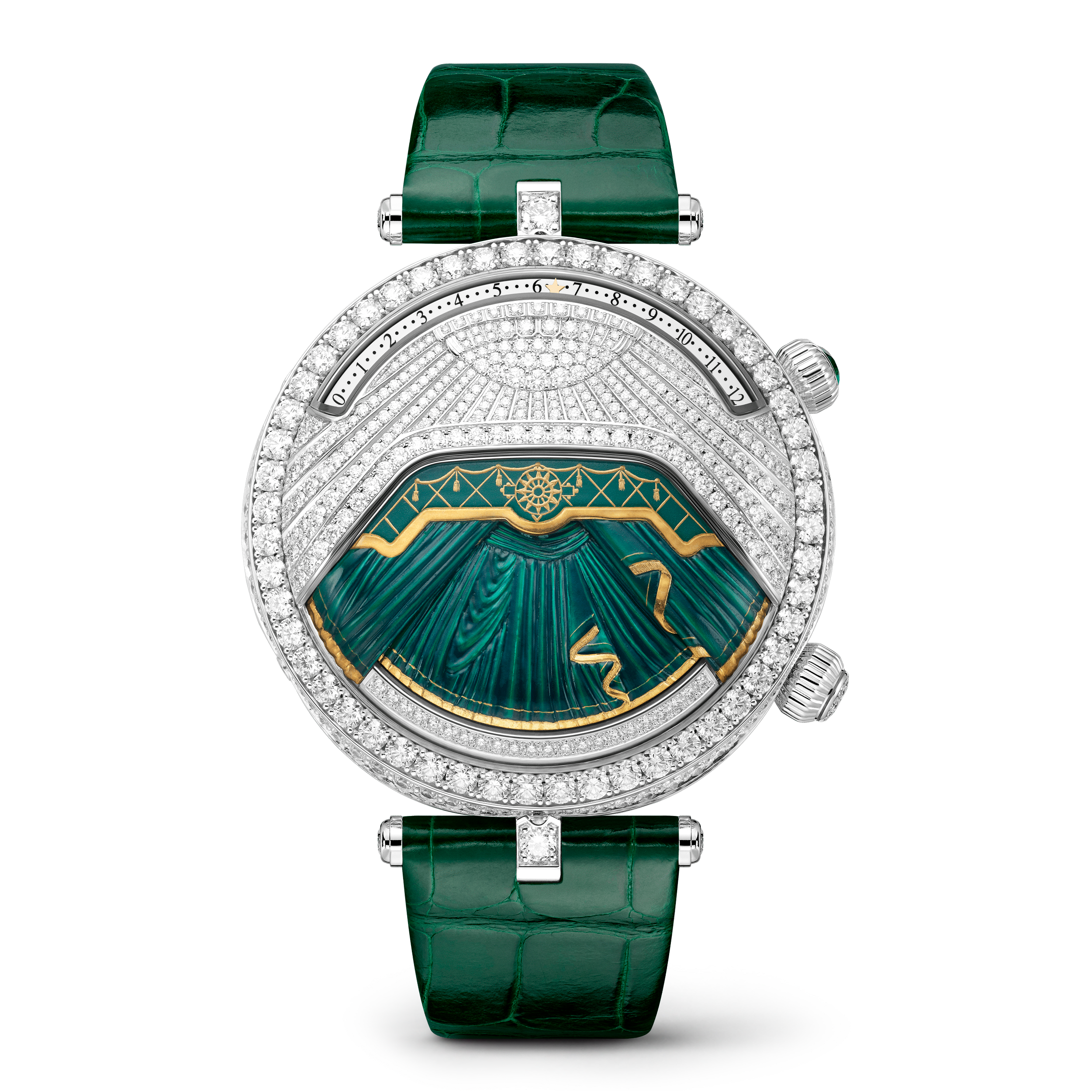 Montre Lady Arpels Ballerine Musicale Emeraude, Or blanc 750/1000, Diamant:  733 pierres,  7.52 carats, Émeraude:  1 pierre,  0.16 carat, Front Alternative, Watch - Van Cleef & Arpels