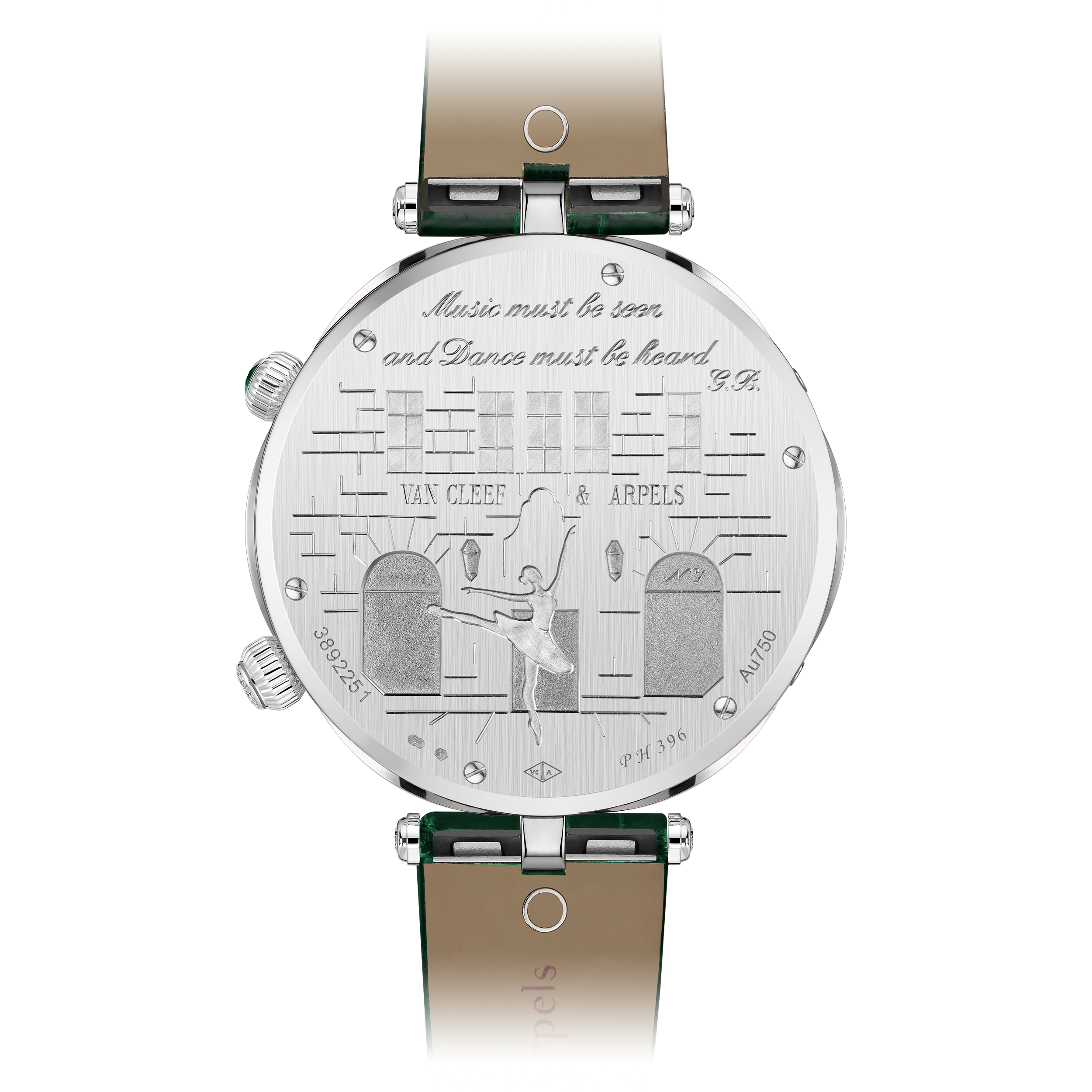 Montre Lady Arpels Ballerine Musicale Emeraude, Or blanc 750/1000, Diamant:  733 pierres,  7.52 carats, Émeraude:  1 pierre,  0.16 carat, Back, Watch - Van Cleef & Arpels