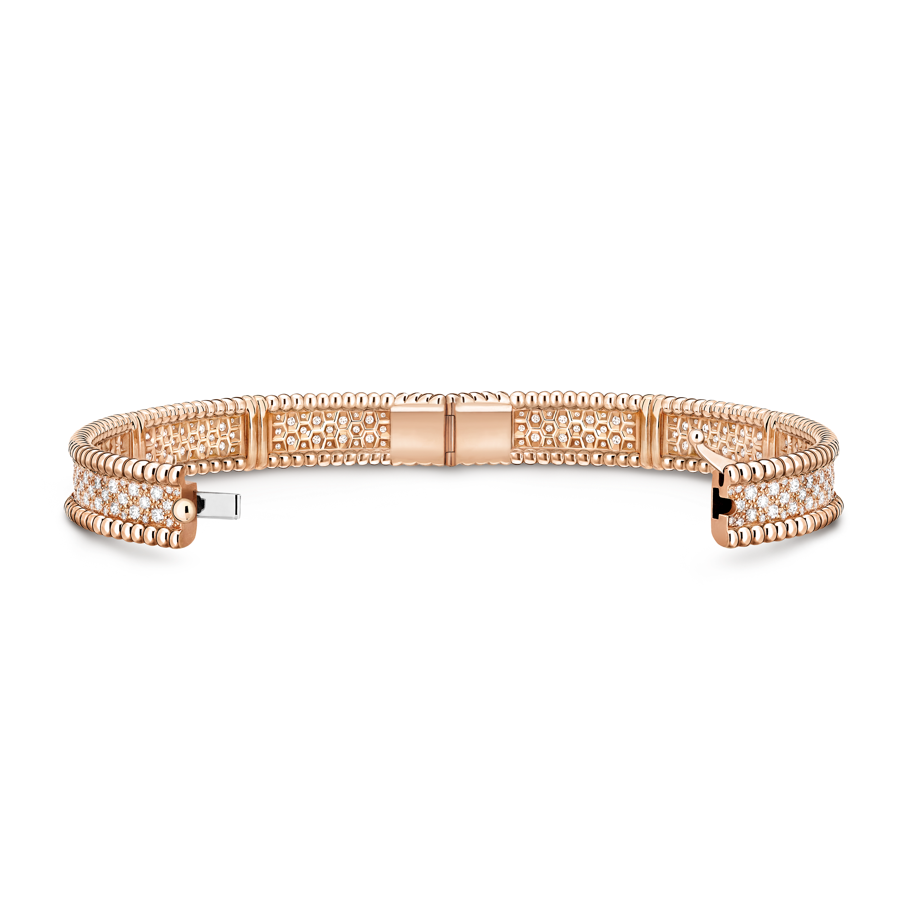 Armband Perlée Diamants, 3 Reihen, extra kleines Modell, 18 Karat Roségold, Diamant:  254 Steine,  2.99 Karat, Open, Jewelry Bracelet - Van Cleef & Arpels