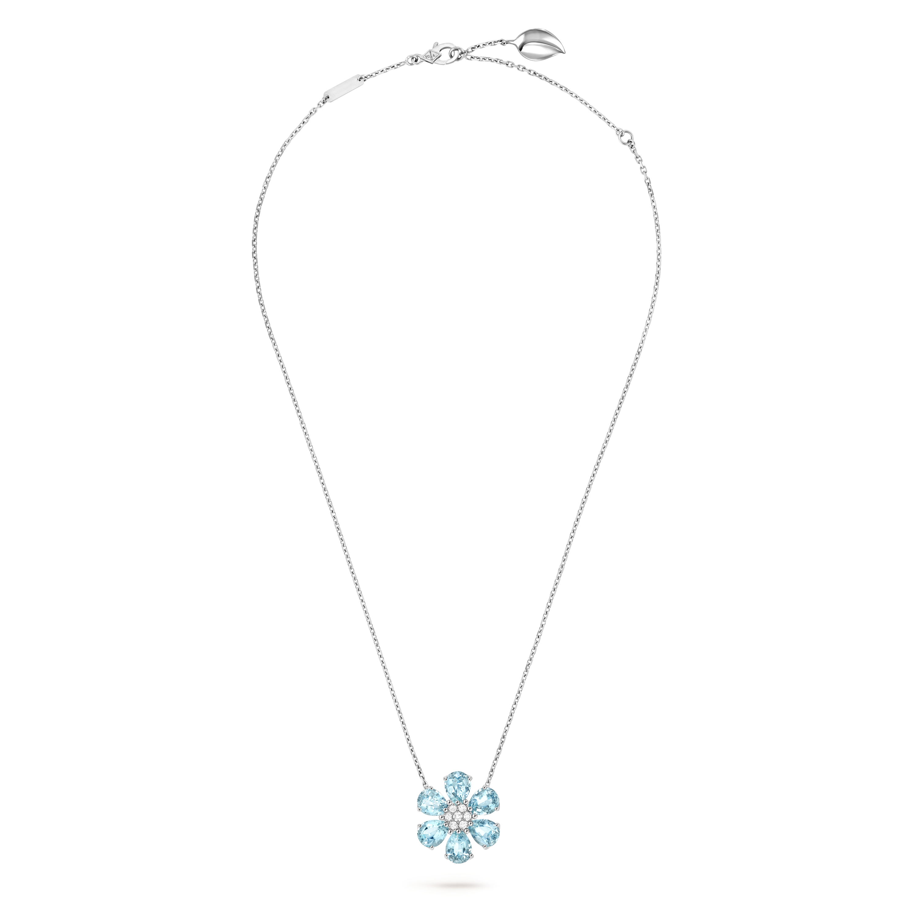 Fleurs d’Hawaï pendant, 18K white gold, Aquamarine:  6 stones,  6.18 carats, Diamond:  7 stones,  0.19 carat, Front, Jewelry Pendent - Van Cleef & Arpels