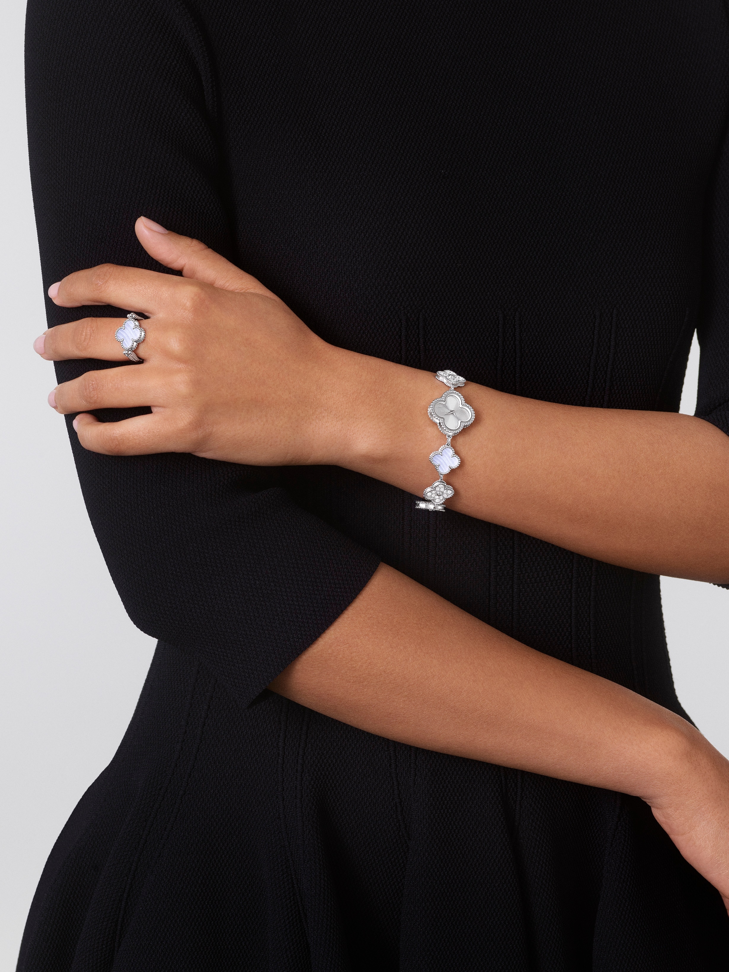 Sweet Alhambra Watch, 18K white gold, Chalcedony:  3 stones, Diamond:  36 stones,  1.42 carats, Worn Detail, Watch - Van Cleef & Arpels