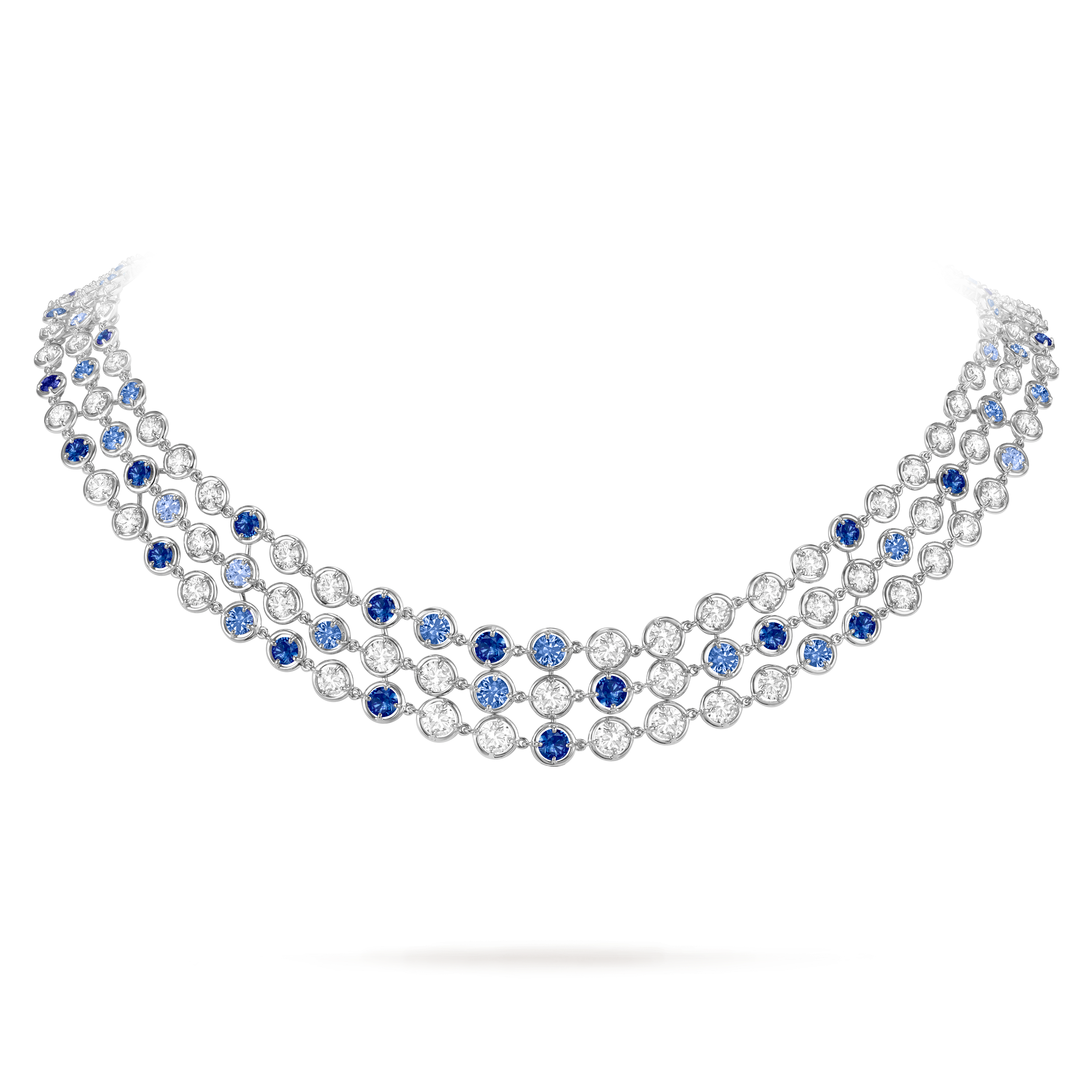 Palmyre 3 rows necklace, 18K white gold, Diamond:  110 stones,  10.02 carats, Sapphire:  79 stones,  8.13 carats, On Stand, High Jewelry Necklace - Van Cleef & Arpels