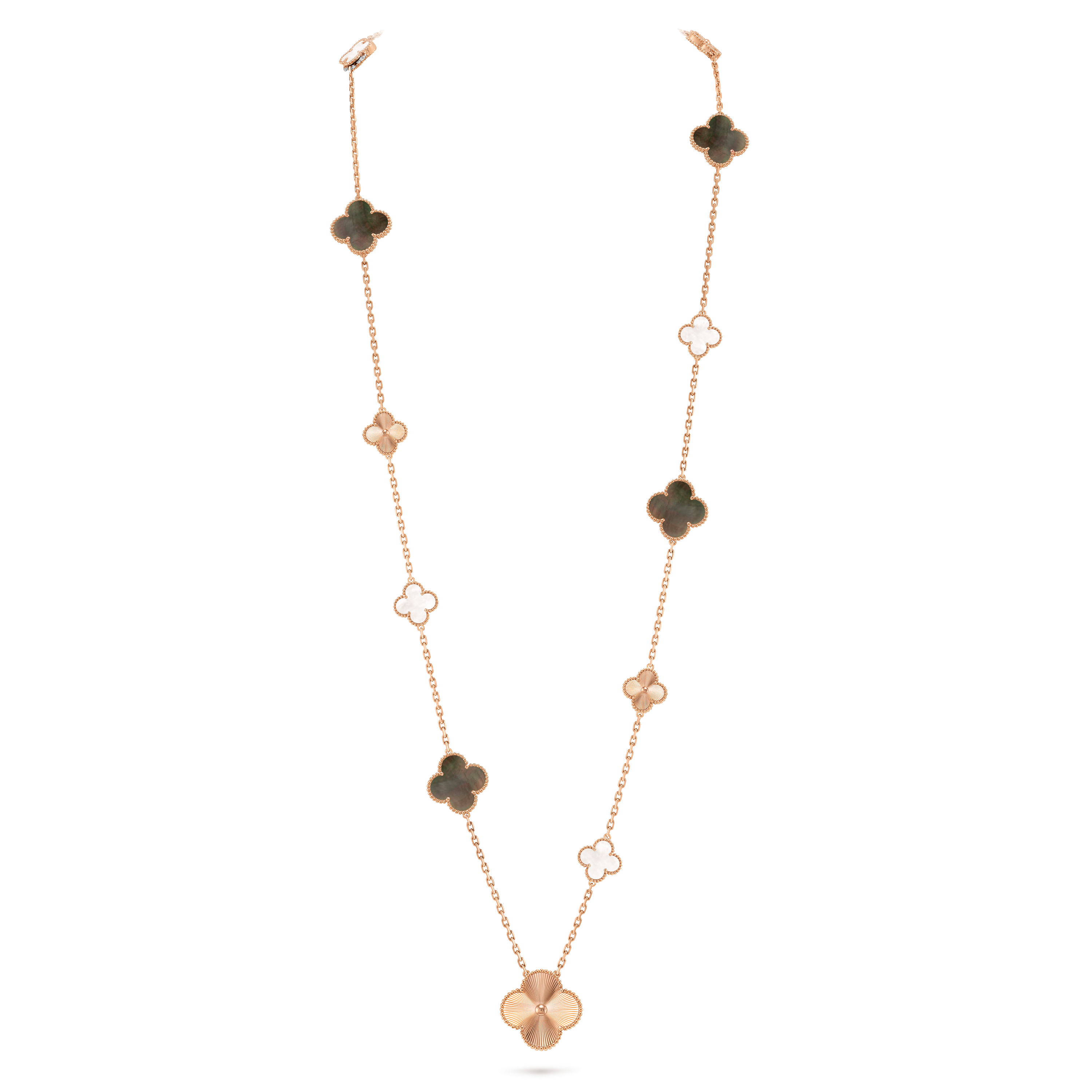 マジック アルハンブラ トランスフォーマブル ロングネックレス、15モチーフ, 18K ローズ ゴールド, マザー オブ パール:  11 石, On Stand, Jewelry Long Necklace - ヴァン クリーフ&アーペル - Van Cleef & Arpels