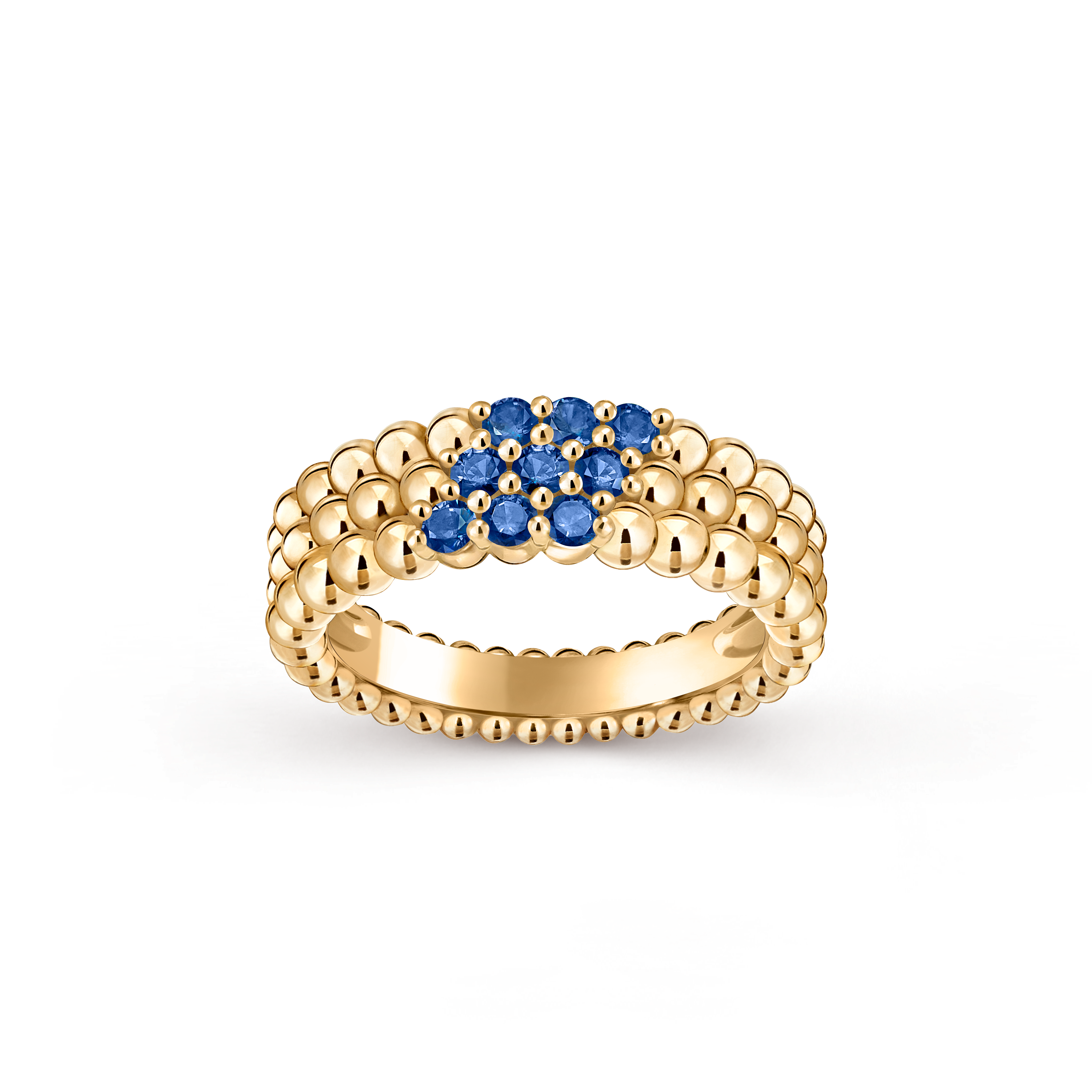 Ring Perlée Couleurs, 3-reihig, 18 Karat Gelbgold, Saphir:  9 Steine,  0.41 Karat, Front, Jewelry Ring - Van Cleef & Arpels