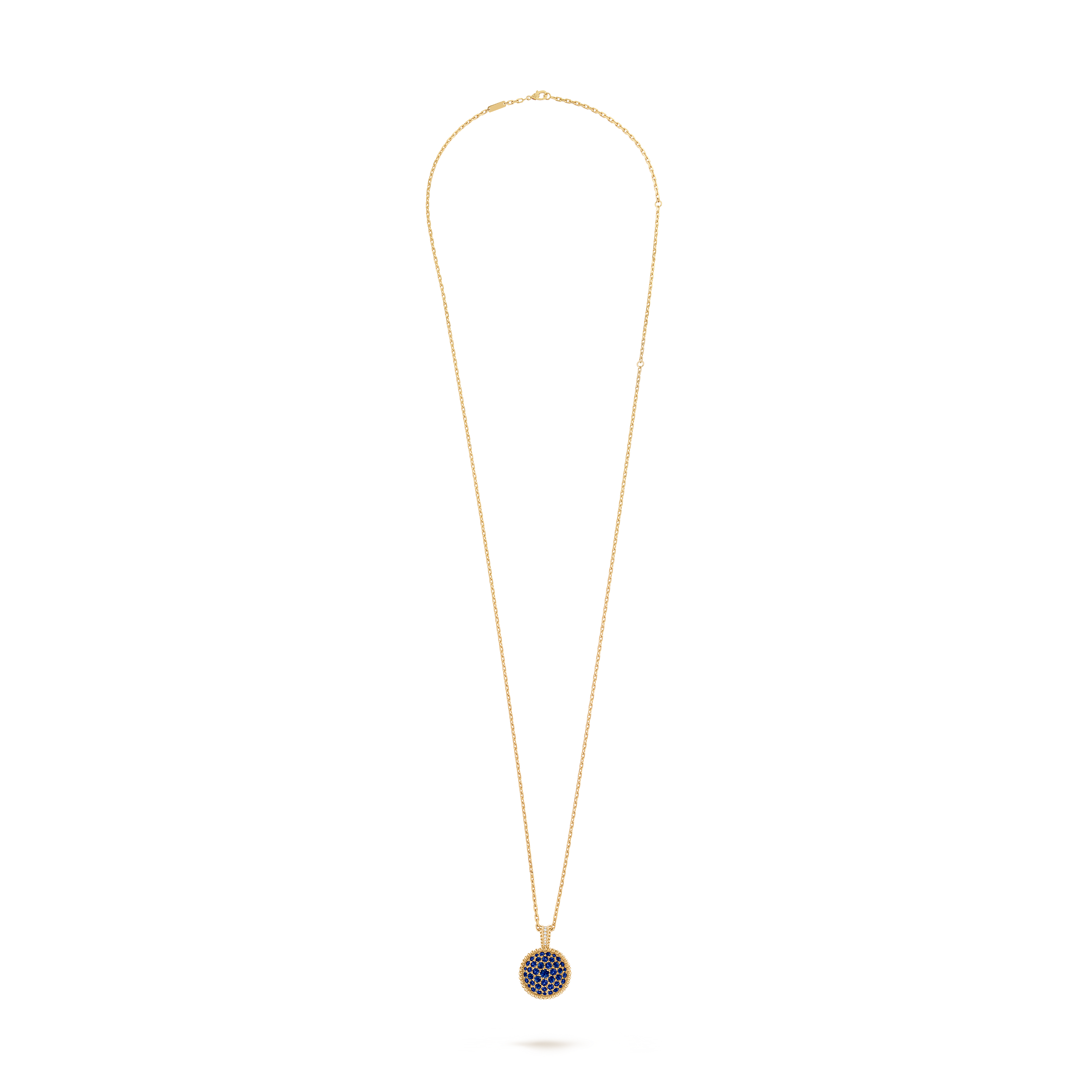 Perlée secret pendant watch, 18K yellow gold, Diamond:  40 stones,  0.92 carat, Mother-of-pearl:  1 stone, Sapphire:  43 stones,  4.53 carats, Detail, Watch - Van Cleef & Arpels