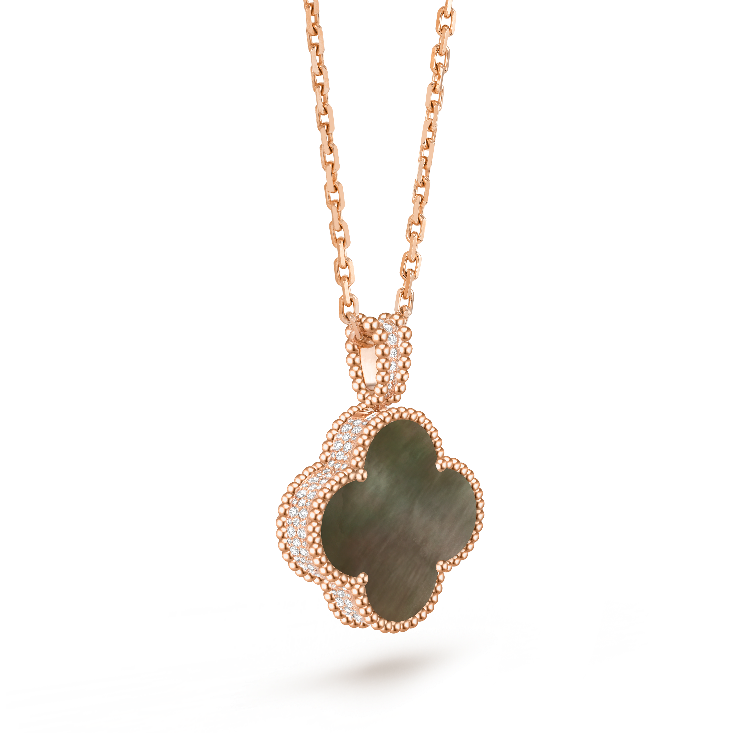 Alhambra secret pendant watch, 18K rose gold, Diamond:  71 stones,  0.55 carat, Mother-of-pearl:  1 stone, Profile, Watch - Van Cleef & Arpels
