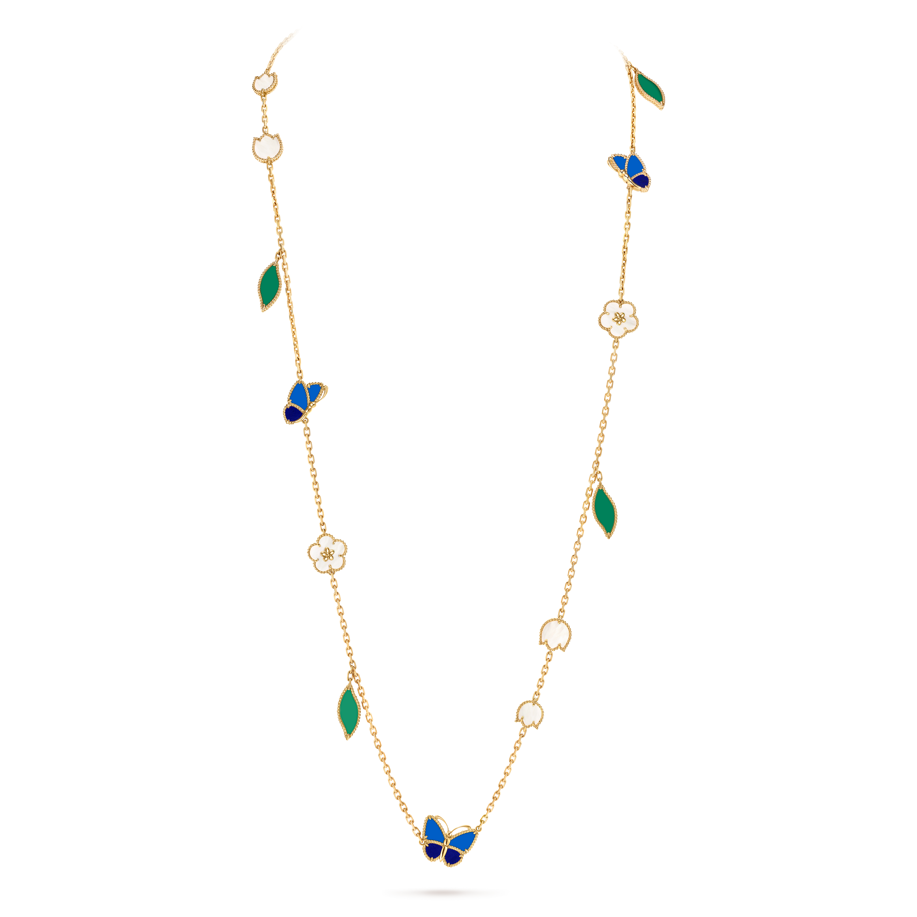 ラッキー スプリング パピヨン ロングネックレス、15モチーフ, 18K イエローゴールド, アゲート:  11 石, マザー オブ パール:  7 石, ラピスラズリ:  4 石, On Stand, Jewelry Long Necklace - ヴァン クリーフ&アーペル - Van Cleef & Arpels