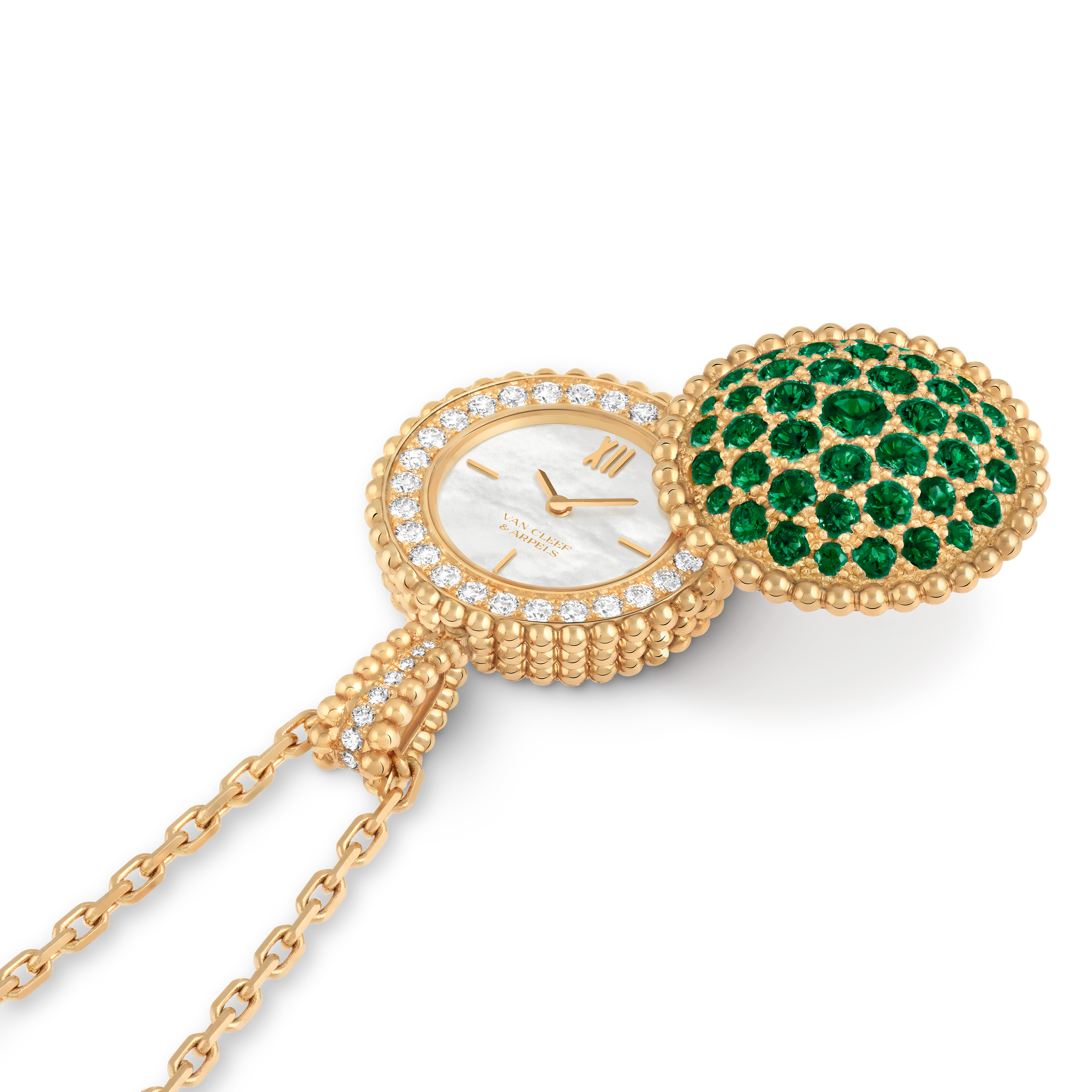 Secret Watch-Anhänger Perlée, 18 Karat Gelbgold, Diamant:  40 Steine,  0.92 Karat, Perlmutt:  1 Steine, Smaragd:  43 Steine,  3.52 Karat, Front, Watch - Van Cleef & Arpels