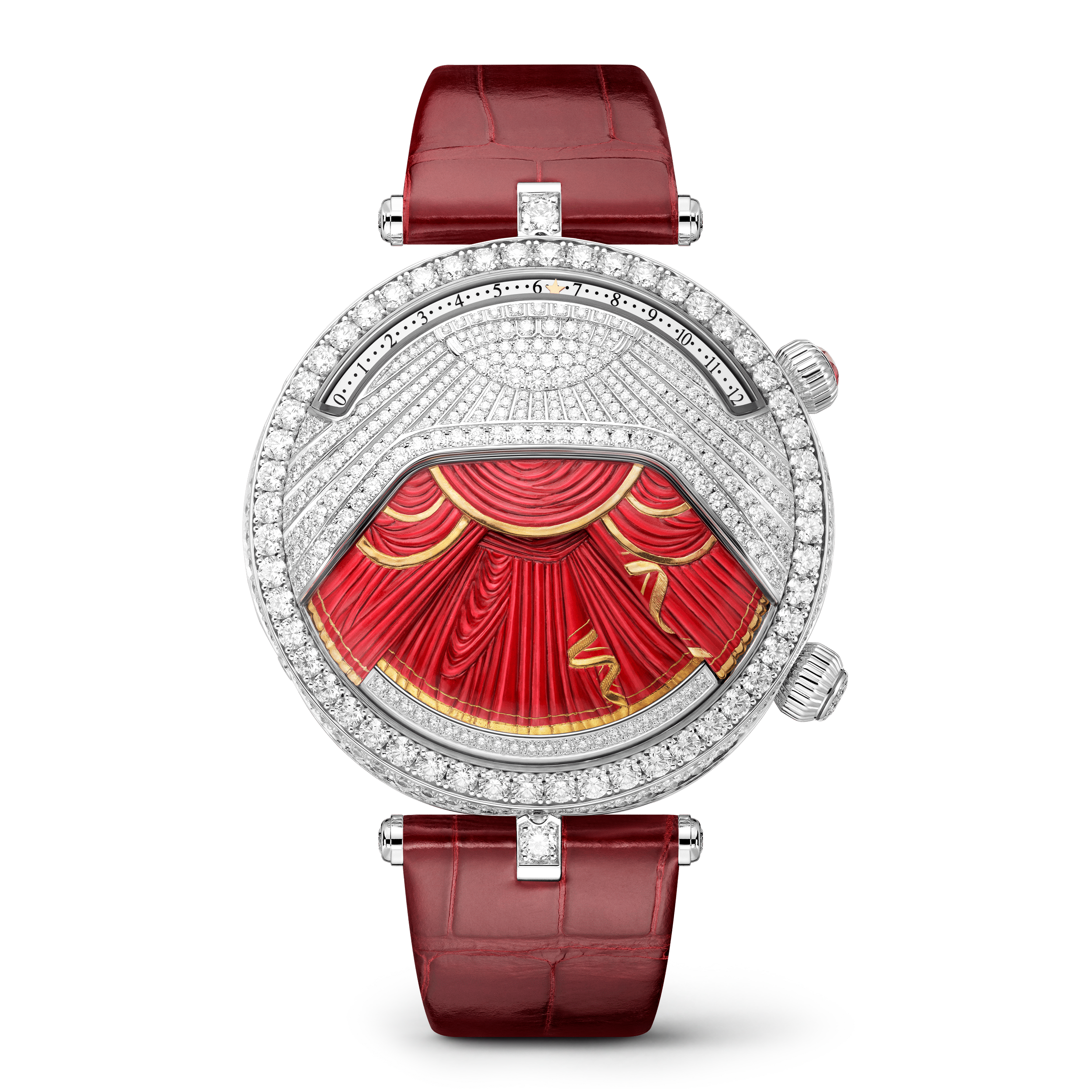 Lady Arpels Ballerine Musicale Rubis watch, 18K white gold, Diamond:  733 stones,  7.69 carats, Ruby:  1 stone,  0.21 carat, Front Alternative, Watch - Van Cleef & Arpels