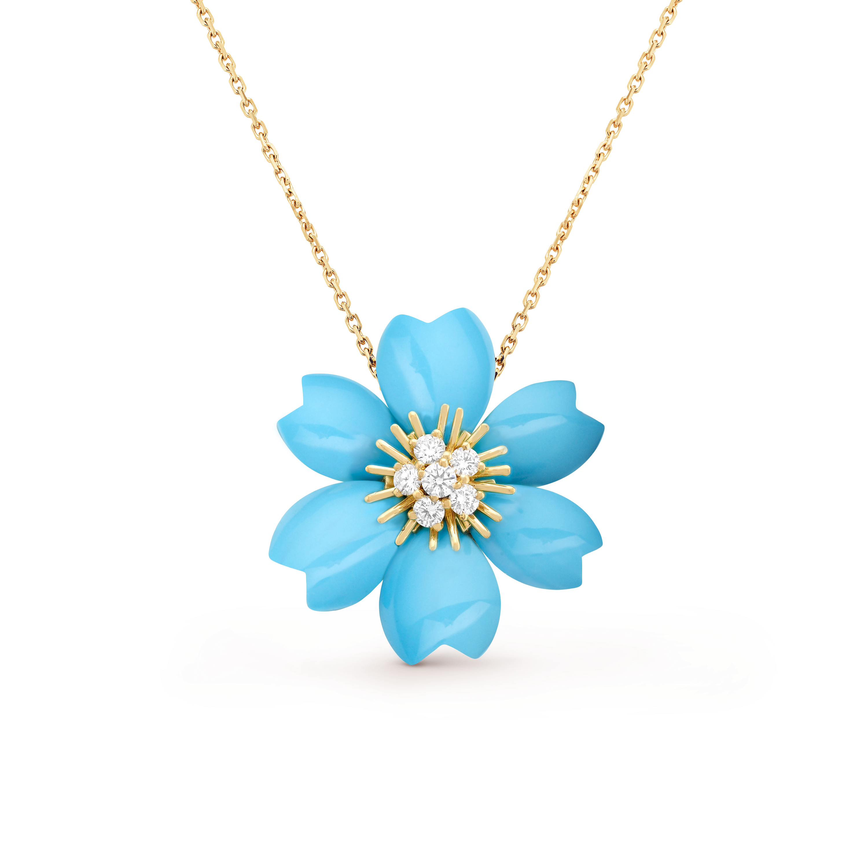 Rose de Noël clip pendant, small model, 18K yellow gold, Diamond:  6 stones,  0.48 carat, Turquoise:  6 stones, Detail, Jewelry Clip Pendant - Van Cleef & Arpels
