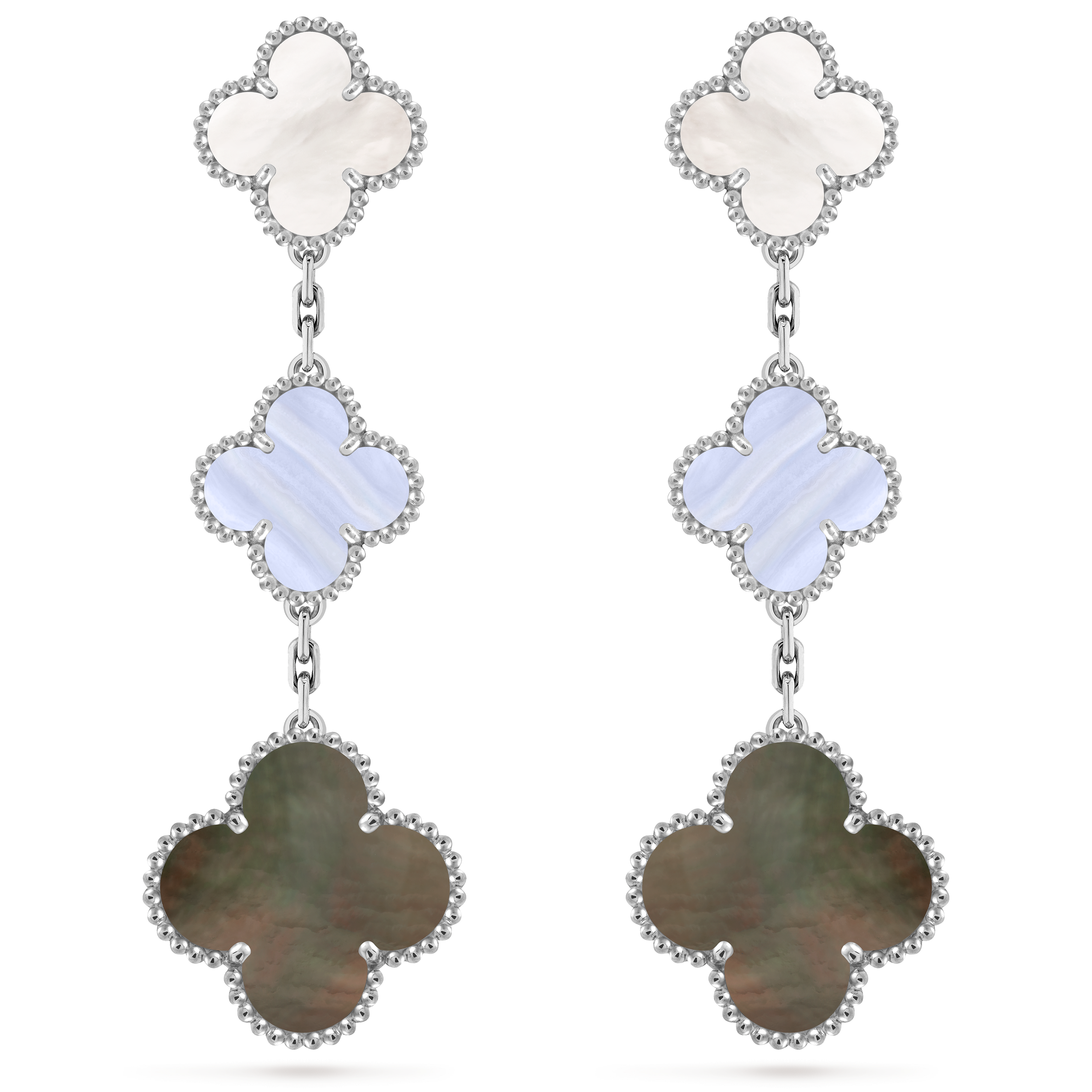 Magic Alhambra earrings, 3 motifs, 18K white gold, Chalcedony:  2 stones, Mother-of-pearl:  4 stones, Front, Jewelry Earrings - Van Cleef & Arpels