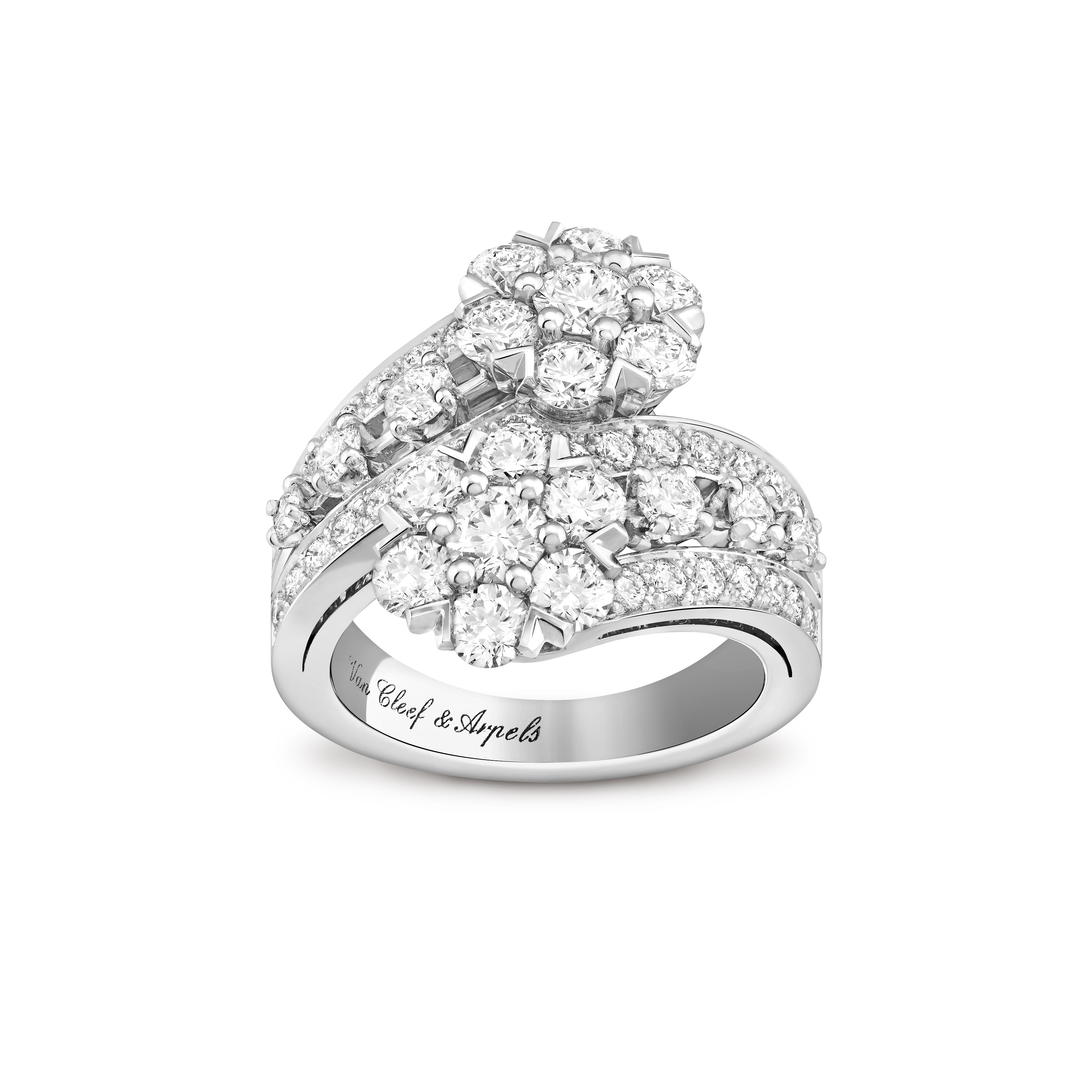 Snowflake ring, 18K white gold, Diamond:  50 stones,  3 carats, Front, High Jewelry Ring - Van Cleef & Arpels