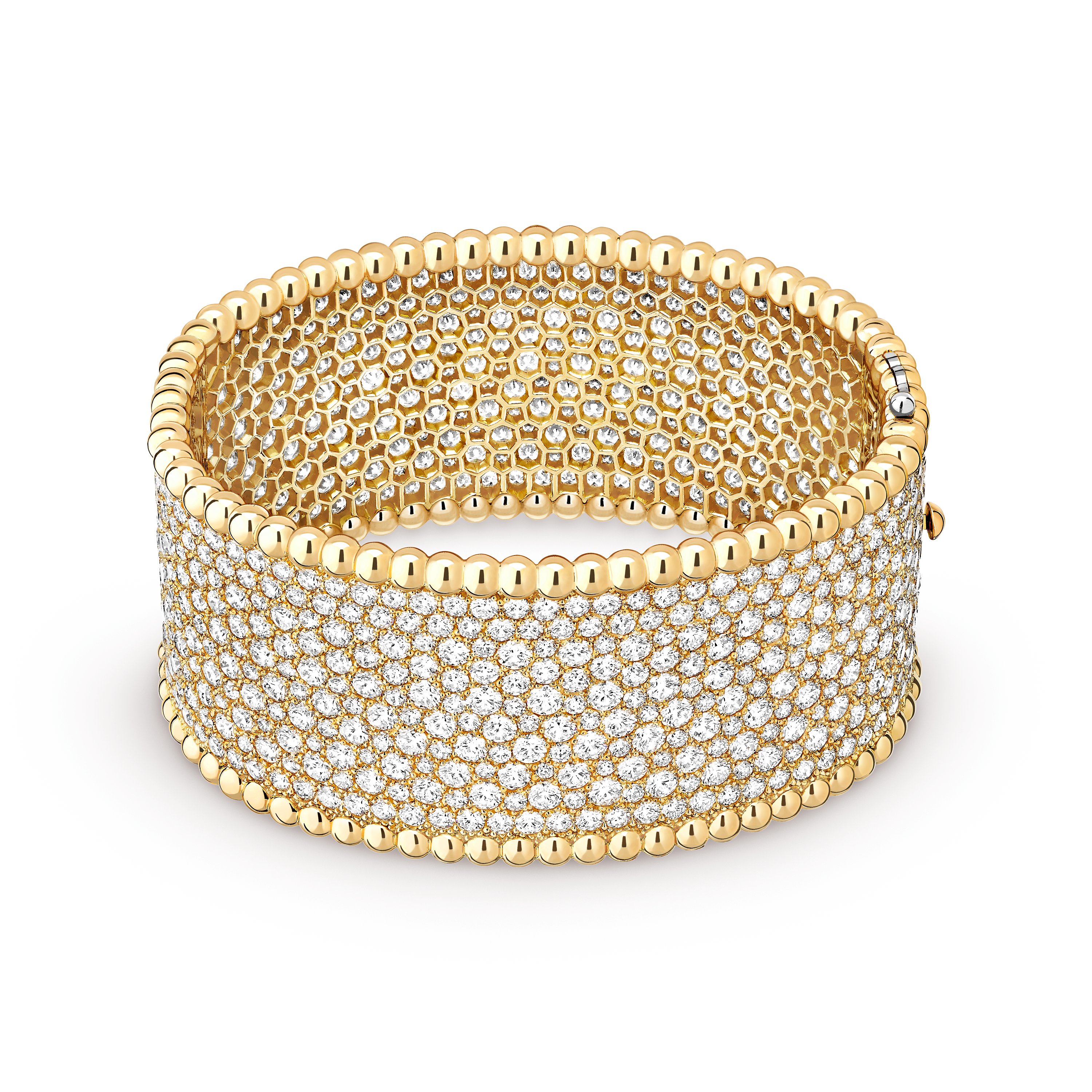 Perlée diamonds cuff bracelet, medium model, 18K yellow gold, Diamond:  768 stones,  39.96 carats, Front, Jewelry Bracelet - Van Cleef & Arpels