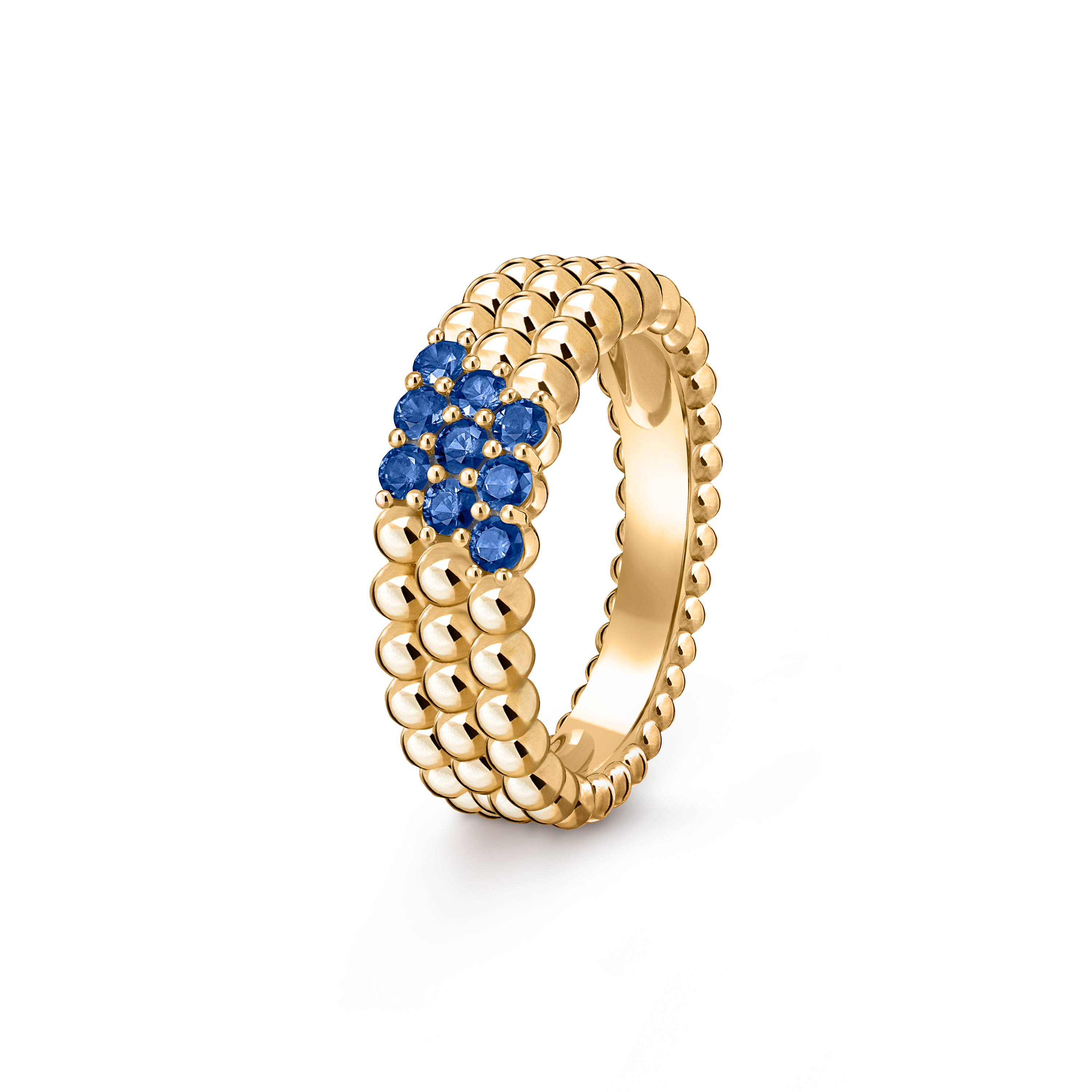 Ring Perlée Couleurs, 3-reihig, 18 Karat Gelbgold, Saphir:  9 Steine,  0.41 Karat, Three Fourth, Jewelry Ring - Van Cleef & Arpels