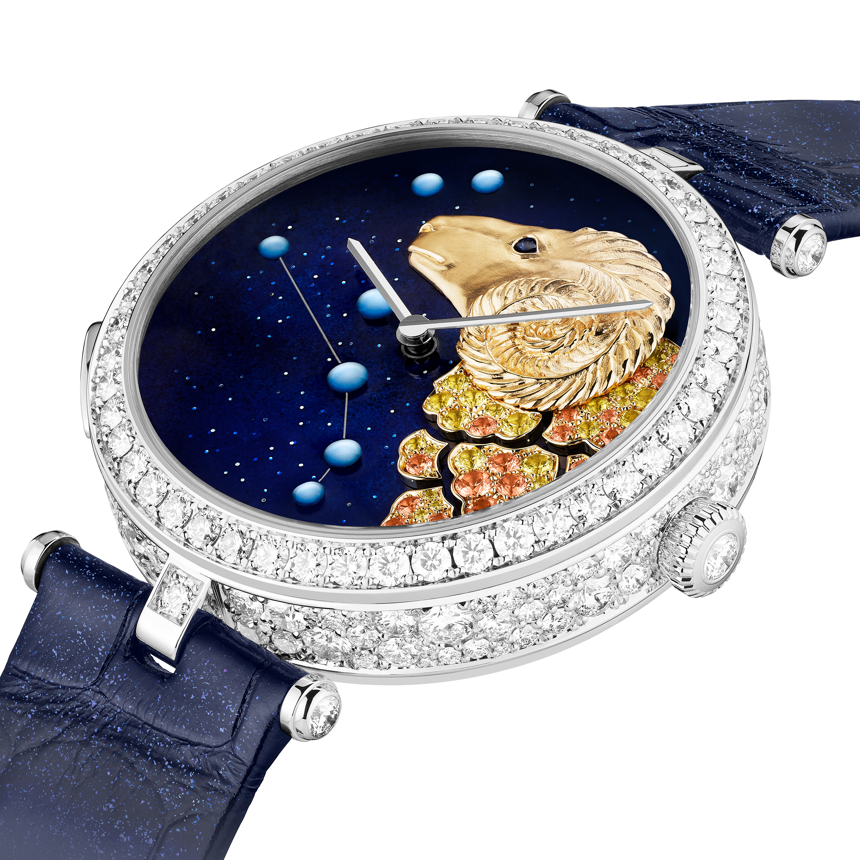 Lady Arpels Zodiaque Lumineux Arietis (Aries) watch, 18K white gold, 18K yellow gold, Diamond:  273 stones,  6.48 carats, Sapphire:  33 stones,  0.34 carat, Spessartite Garnet:  17 stones,  0.19 carat, Three Fourth, Watch - Van Cleef & Arpels