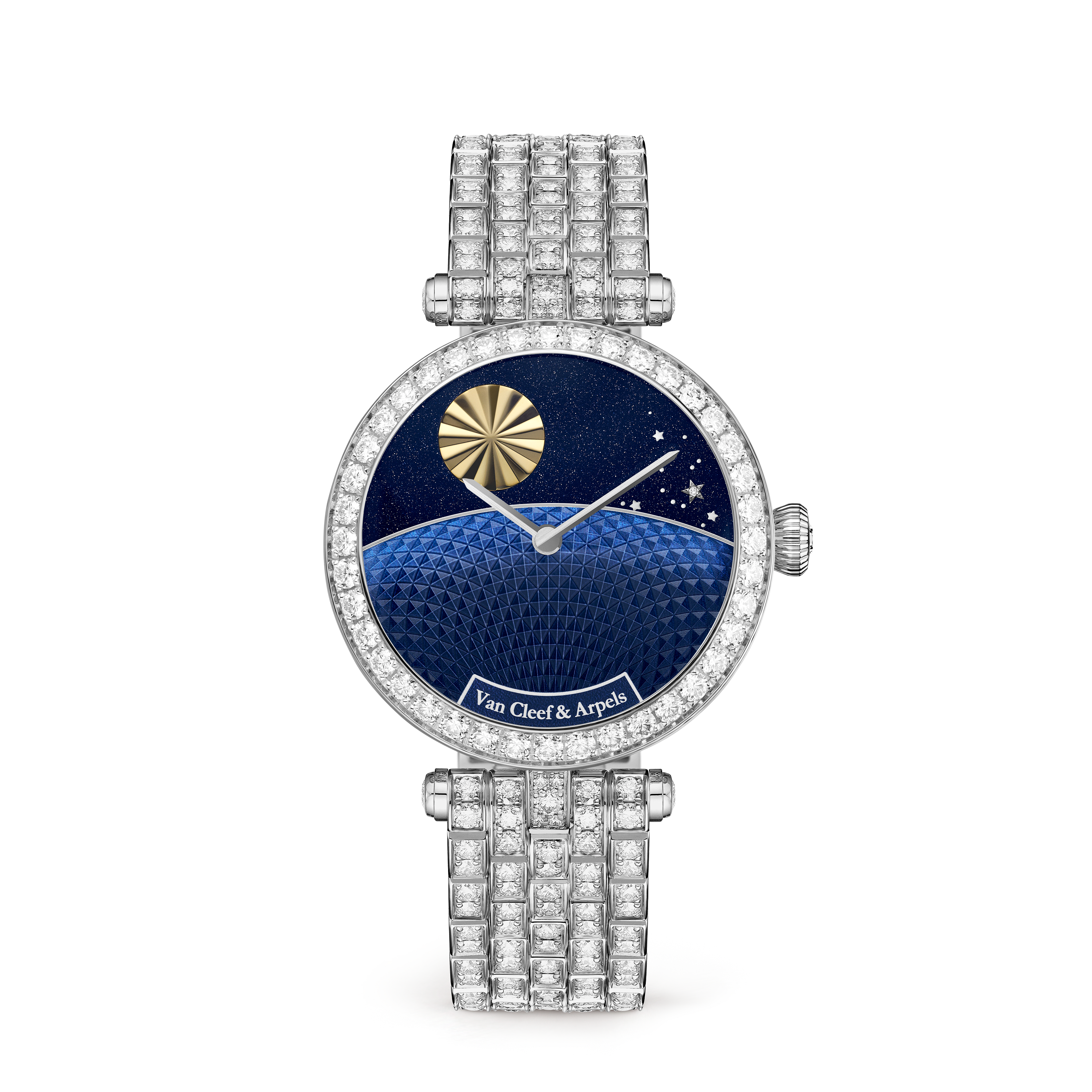 Lady Jour Nuit watch, 18K white gold, 18K yellow gold, Aventurine:  1 stone, Diamond:  622 stones,  14.37 carats, Mother-of-pearl:  1 stone, Front, Watch