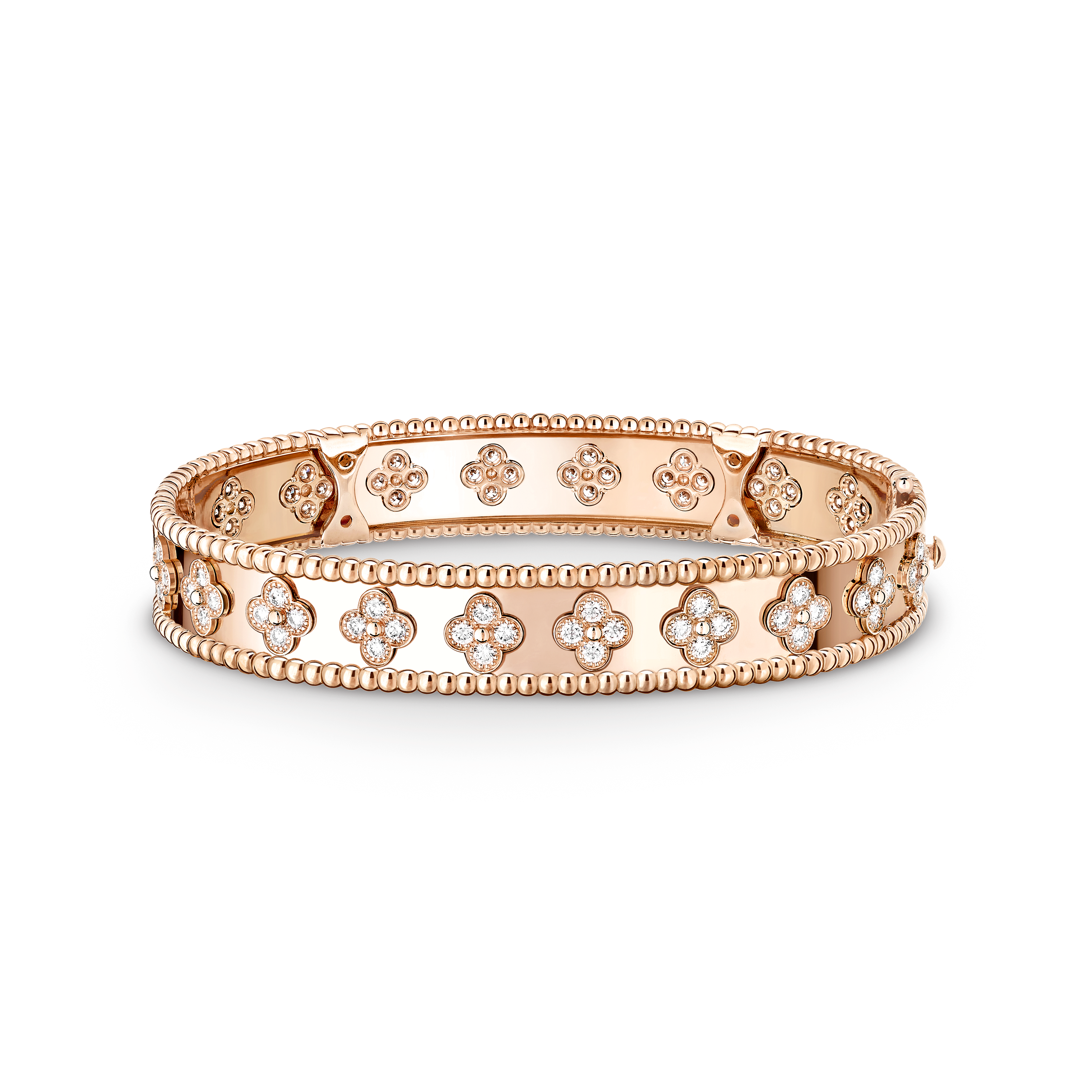 Perlée clovers bracelet, extra large model, 18K rose gold, Diamond:  88 stones,  1.74 carats, Front, Jewelry Bracelet - Van Cleef & Arpels