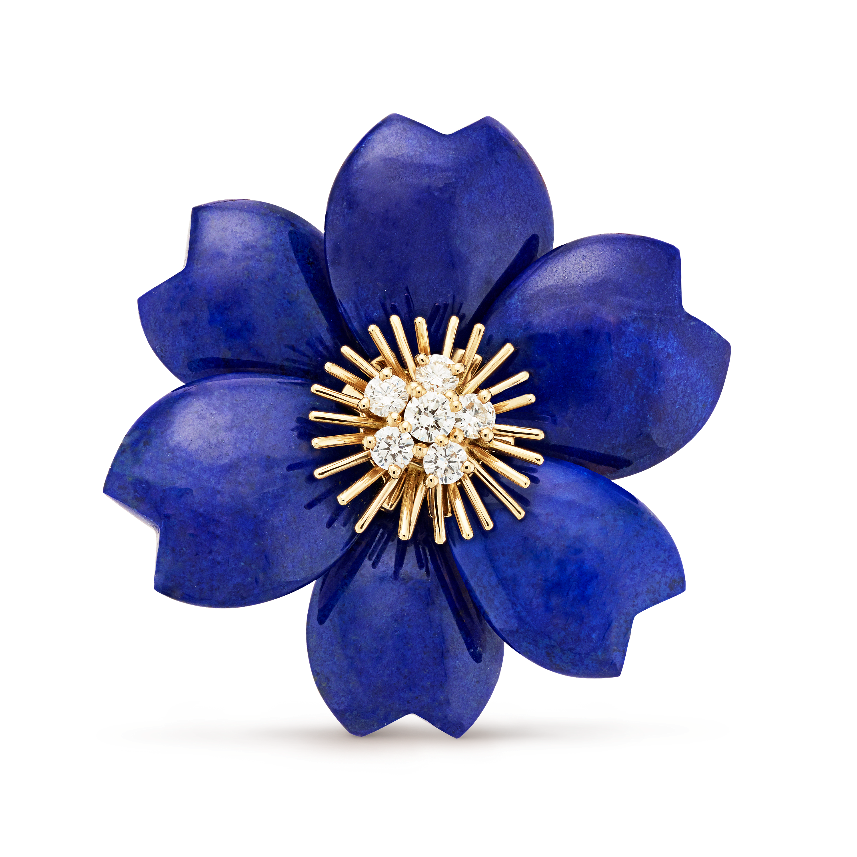 Rose de Noël clip, medium model, 18K yellow gold, Diamond:  6 stones,  0.48 carat, Lapis Lazuli:  6 stones, Front, Jewelry Clip - Van Cleef & Arpels