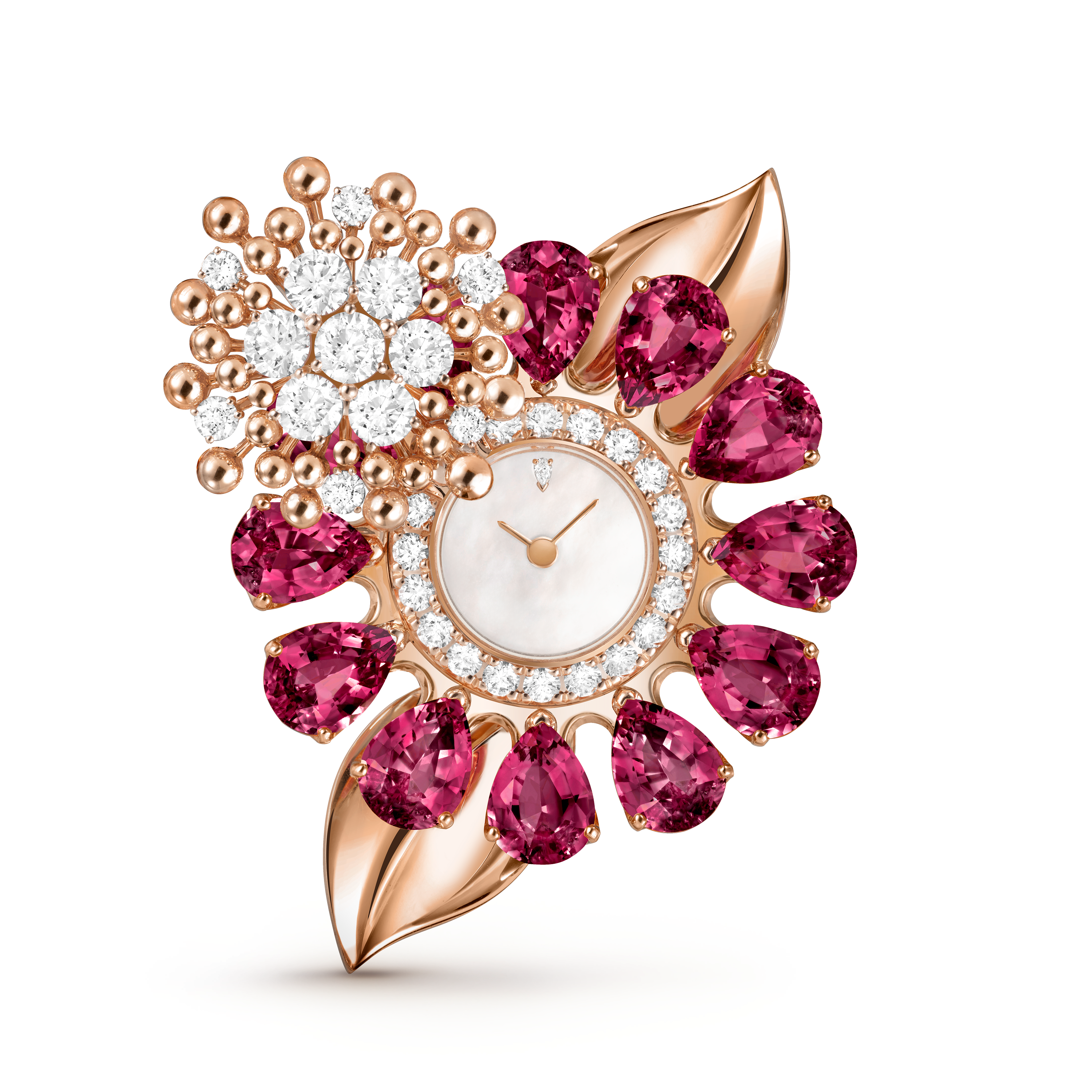 Fleurs d'Hawaï secret watch, 18K rose gold, Diamond:  59 stones,  2.63 carats, Mother-of-pearl:  1 stone, Rhodolite:  12 stones, Three Fourth Alternative, Watch - Van Cleef & Arpels
