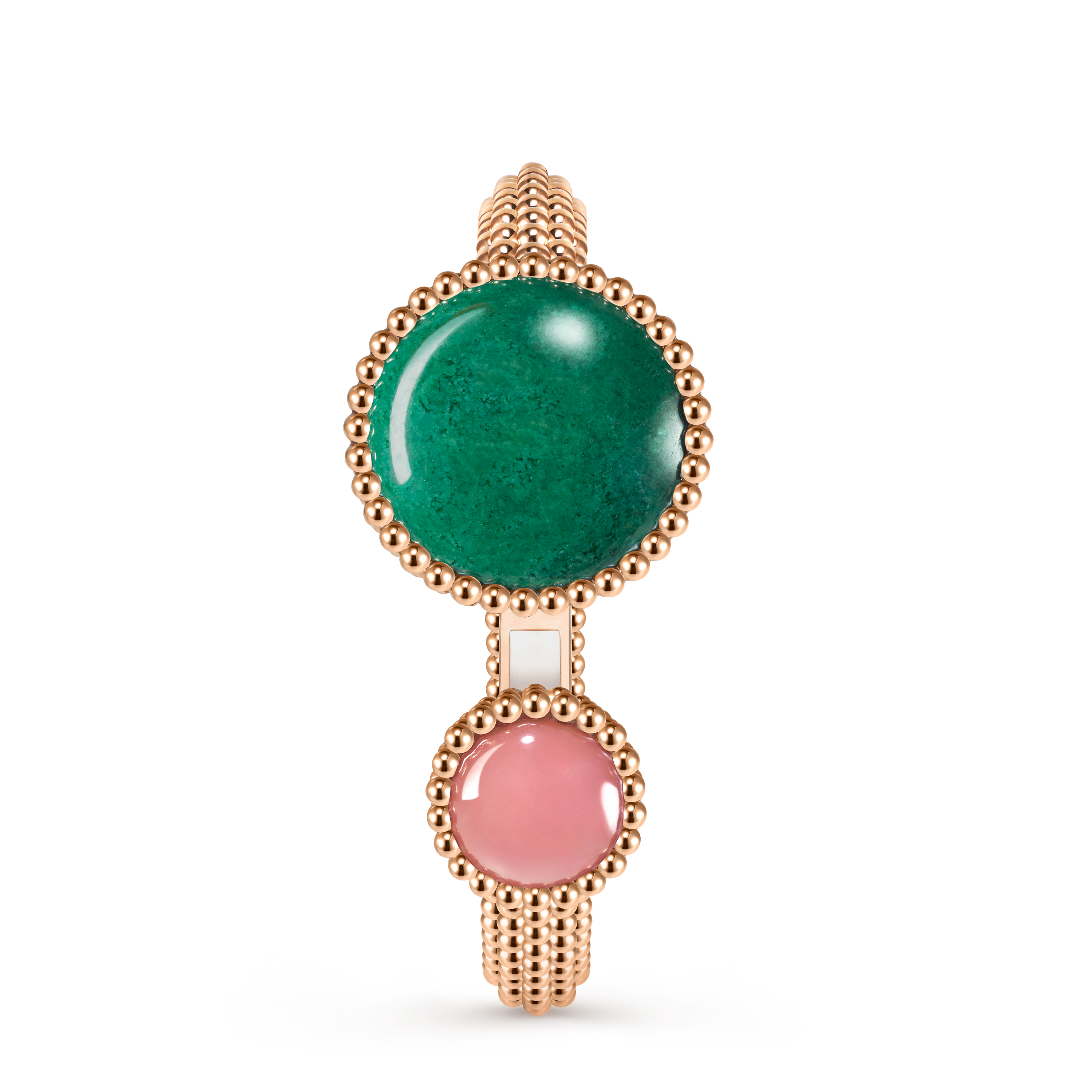 Perlée Toi & Moi secret watch, small model, 18K rose gold, Diamond:  25 stones,  0.77 carat, Jasper:  1 stone, Mother-of-pearl:  1 stone, Quartz:  1 stone, Front Alternative, Watch - Van Cleef & Arpels