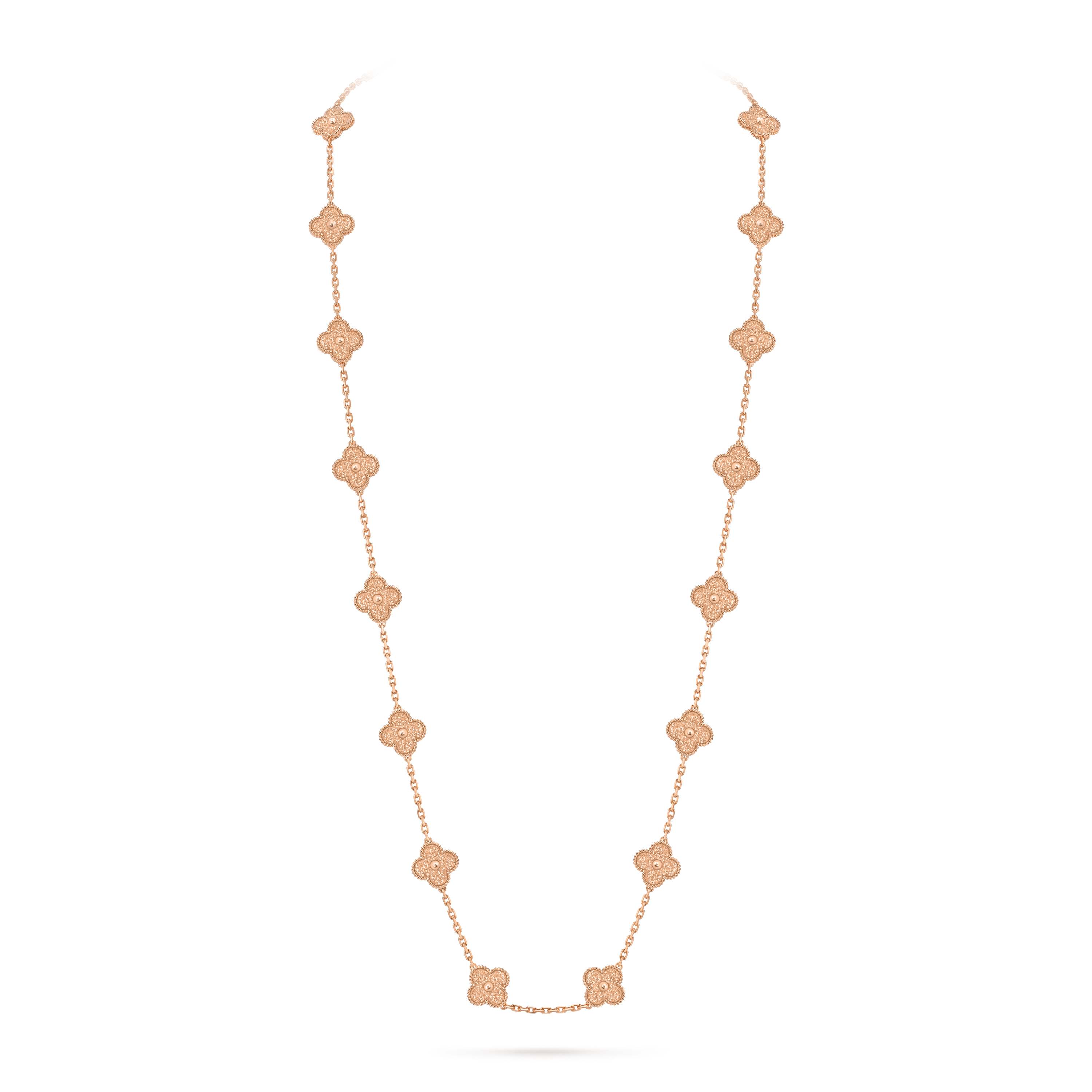Vintage Alhambra long necklace, 20 motifs, 18K rose gold, On Stand, Jewelry Long Necklace - Van Cleef & Arpels