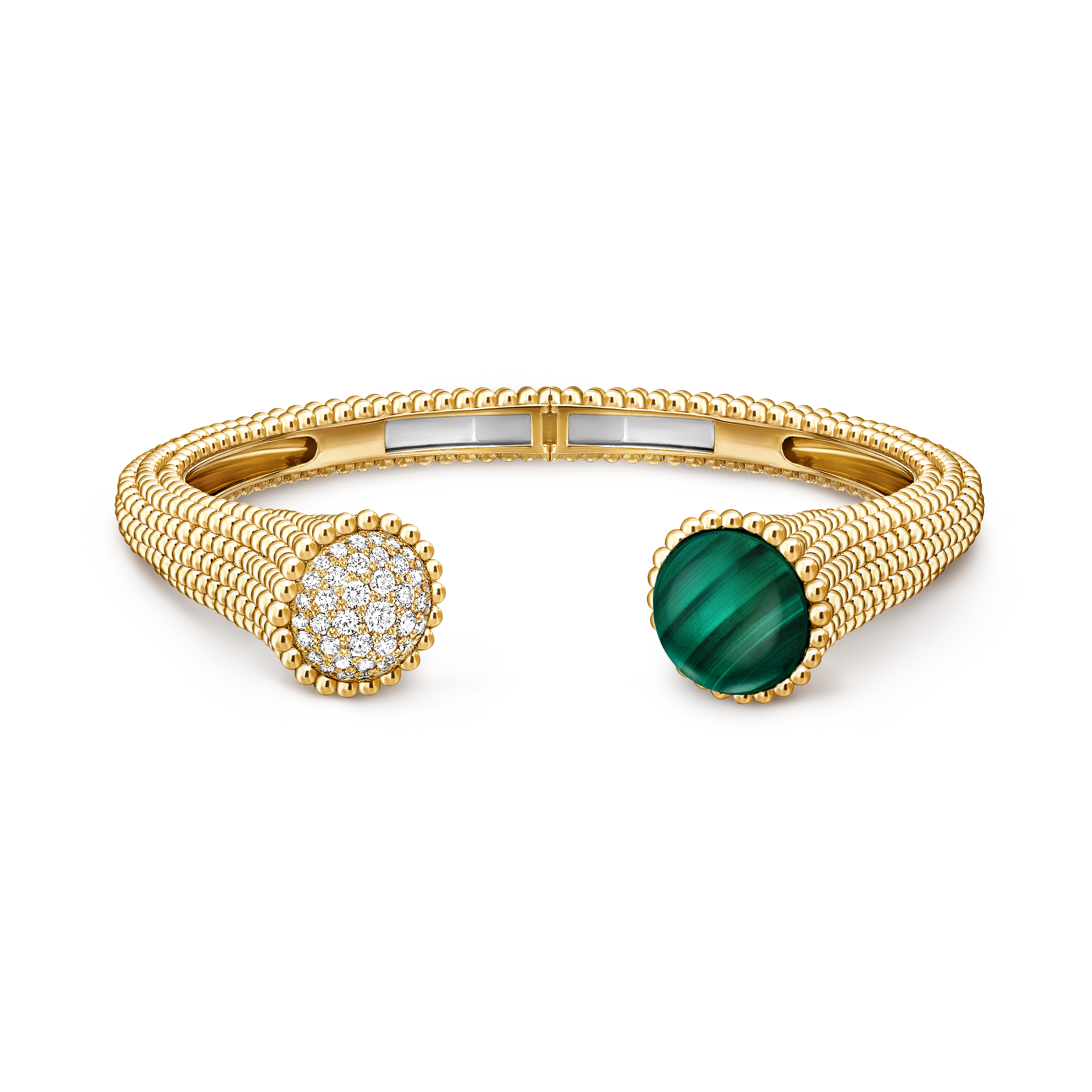 Perlée couleurs bracelet, large model, 18K yellow gold, Diamond:  43 stones,  0.73 carat, Malachite:  1 stone, Front, Jewelry Bracelet - Van Cleef & Arpels