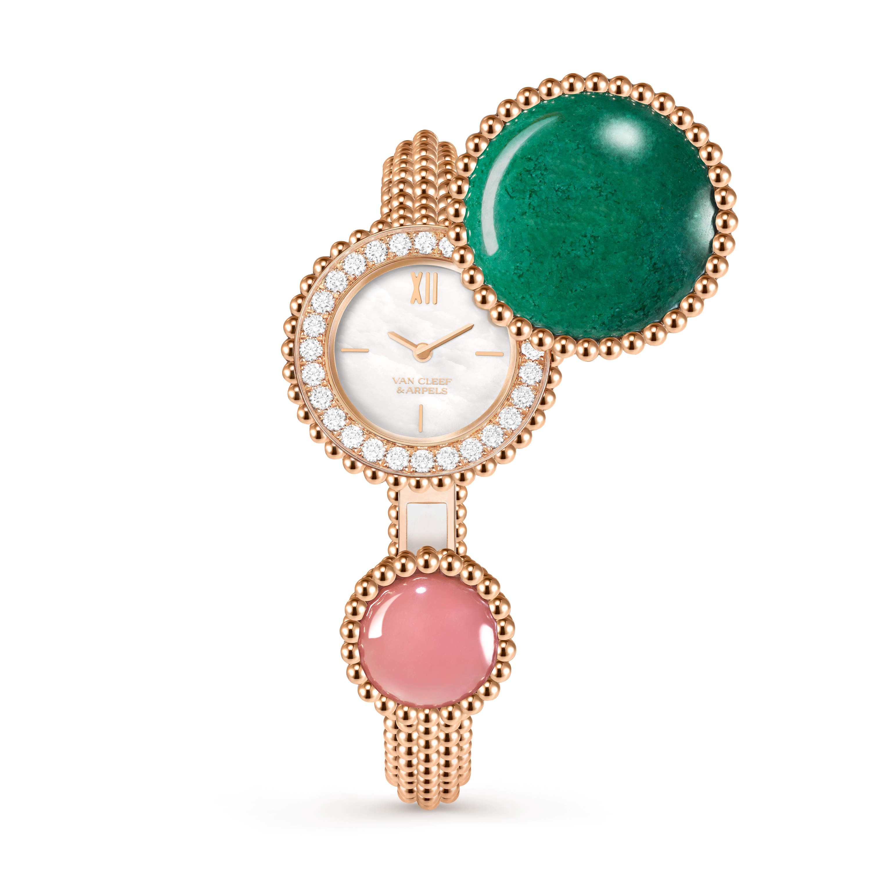 Perlée Toi & Moi secret watch, medium model, 18K rose gold, Diamond:  25 stones,  0.77 carat, Jasper:  1 stone, Mother-of-pearl:  1 stone, Quartz:  1 stone, Front, Watch - Van Cleef & Arpels