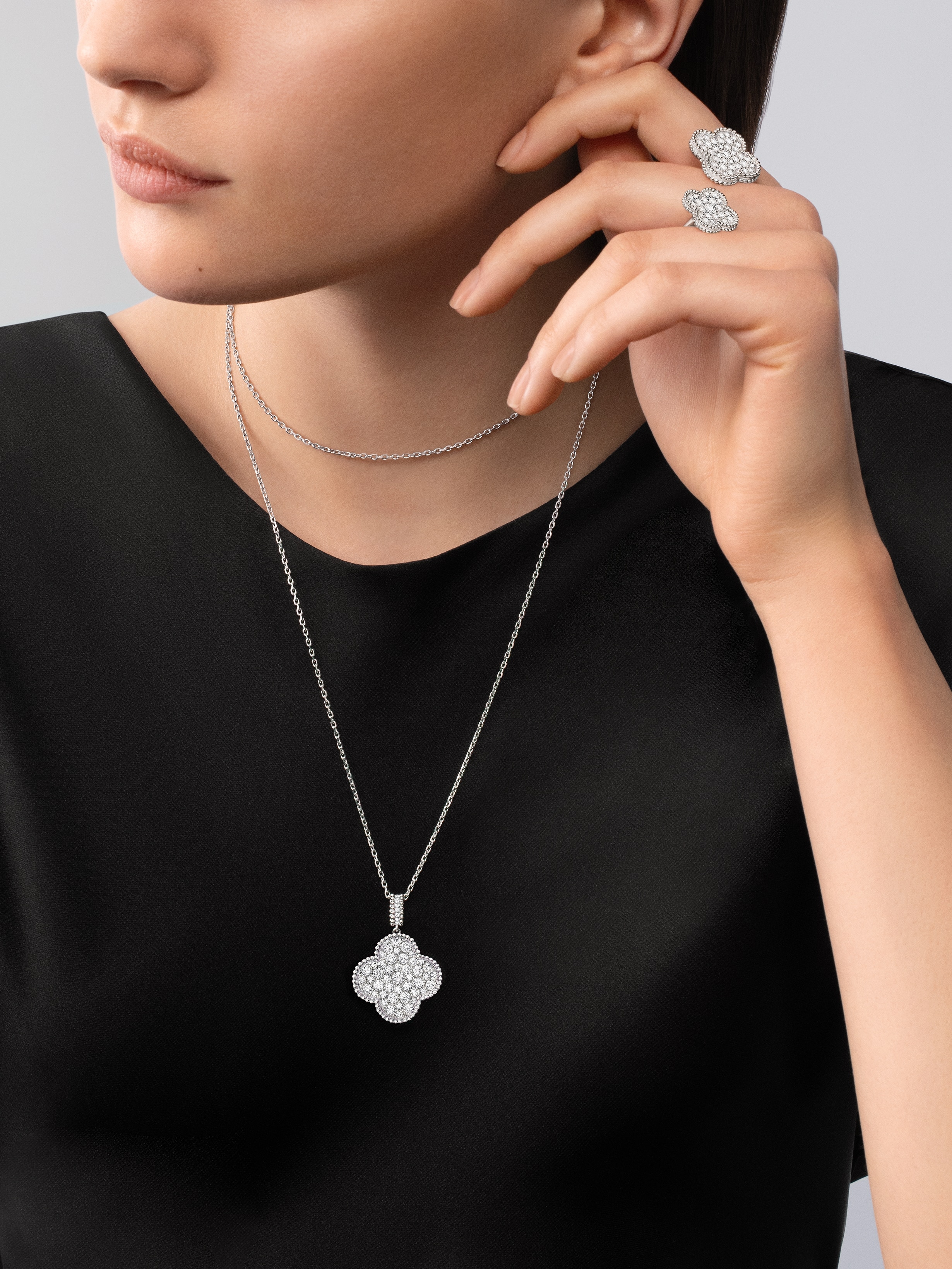 Magic Alhambra long necklace, 1 motif, 18K white gold, Diamond:  60 stones,  2.55 carats, Worn Alternative, Jewelry Long Necklace - Van Cleef & Arpels